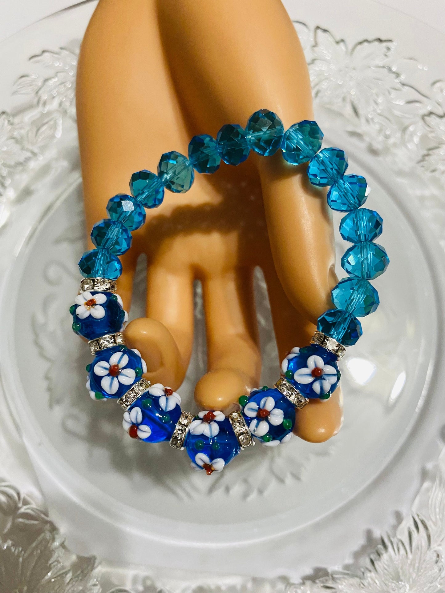 Blue Crystal Bracelet: Floral Lampwork Glass Beads, Rhinestone Rondelles