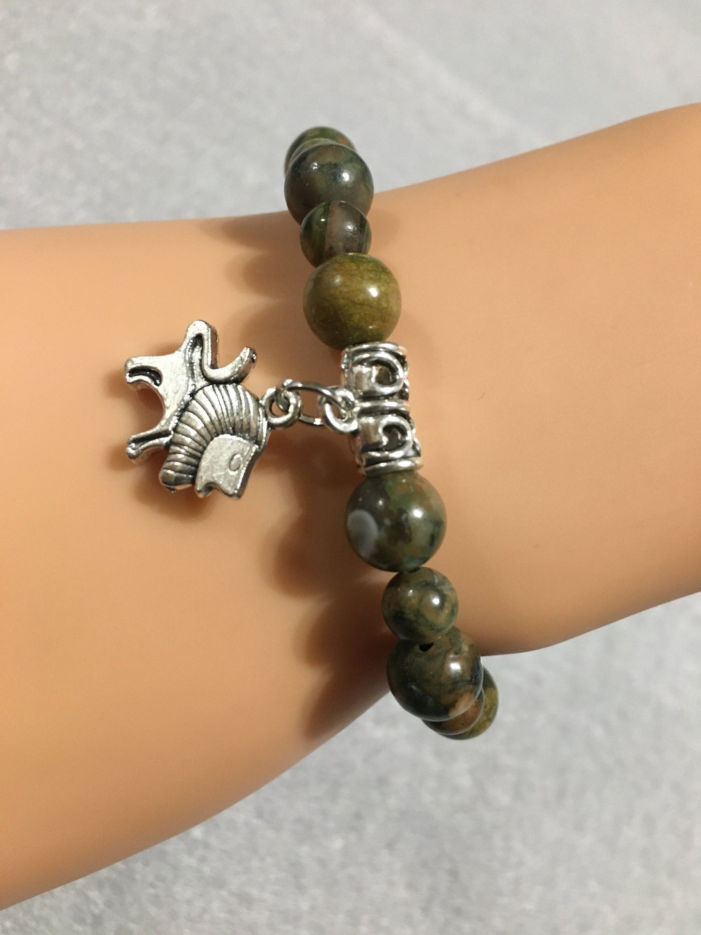 Lion Charm Bracelet: Rhyolite Gemstone Beads, Antique Silver Lion