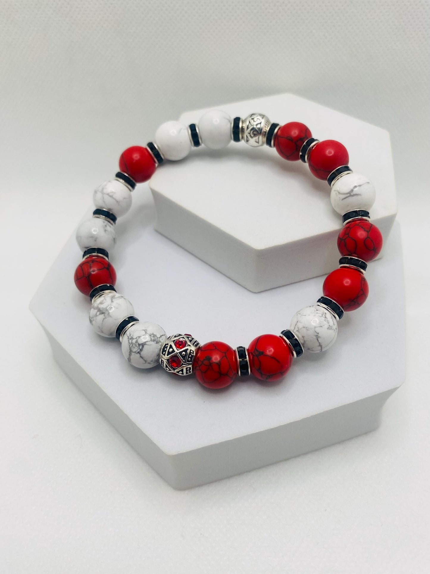 Mens Red Turquoise & Howlite Beaded Bracelet: Silver Rhinestone Charm