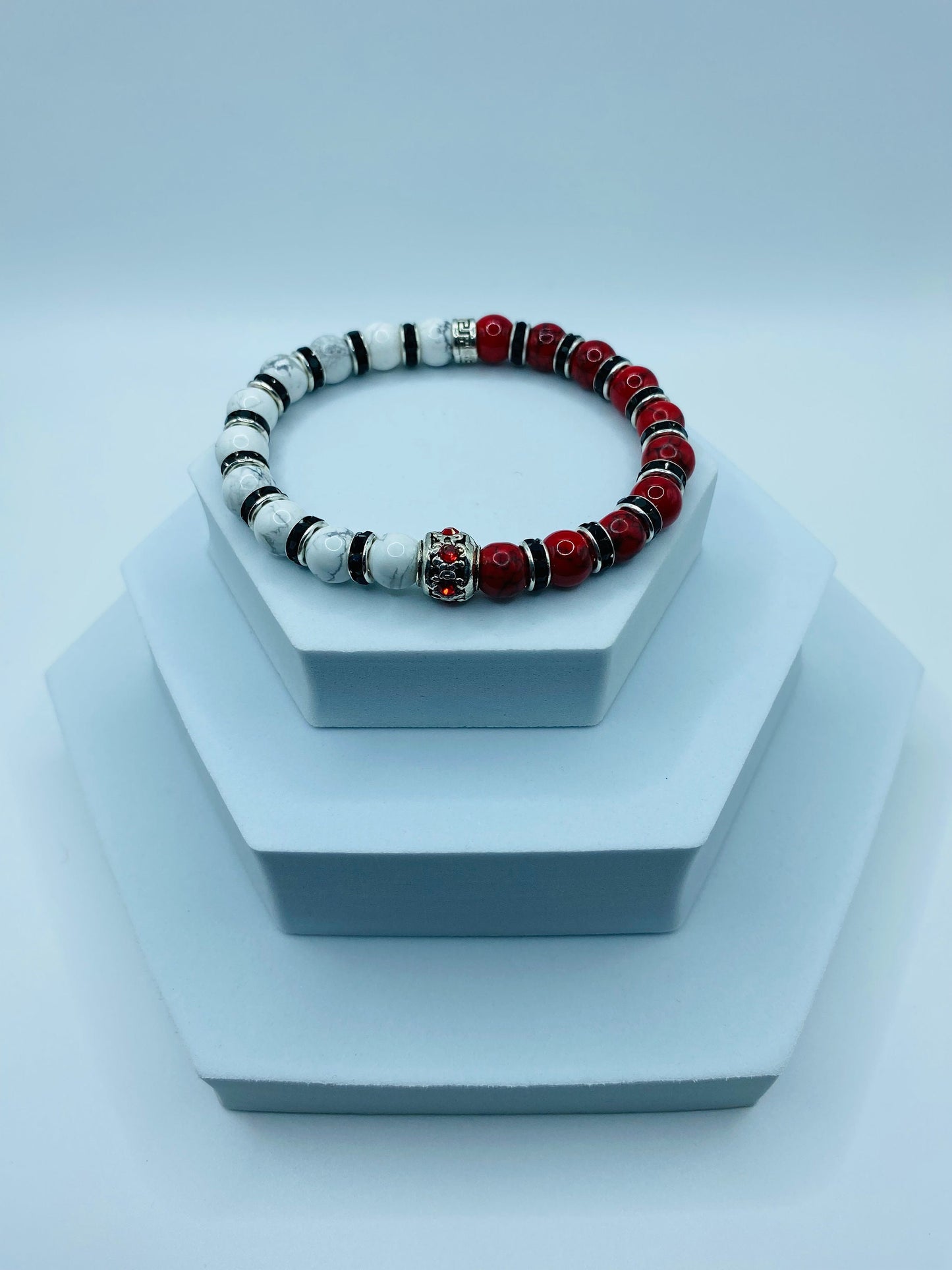 Red Turquoise & Howlite Beaded Bracelet: Silver Rhinestone Charm