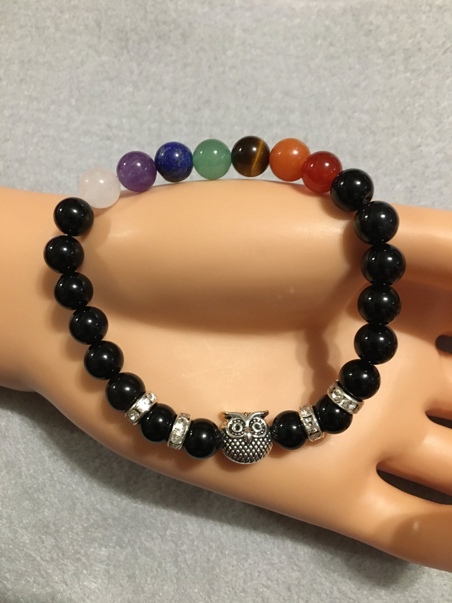 Chakra Stone Bracelet: Black Onyx Beads with Rhinestone Owl Charm