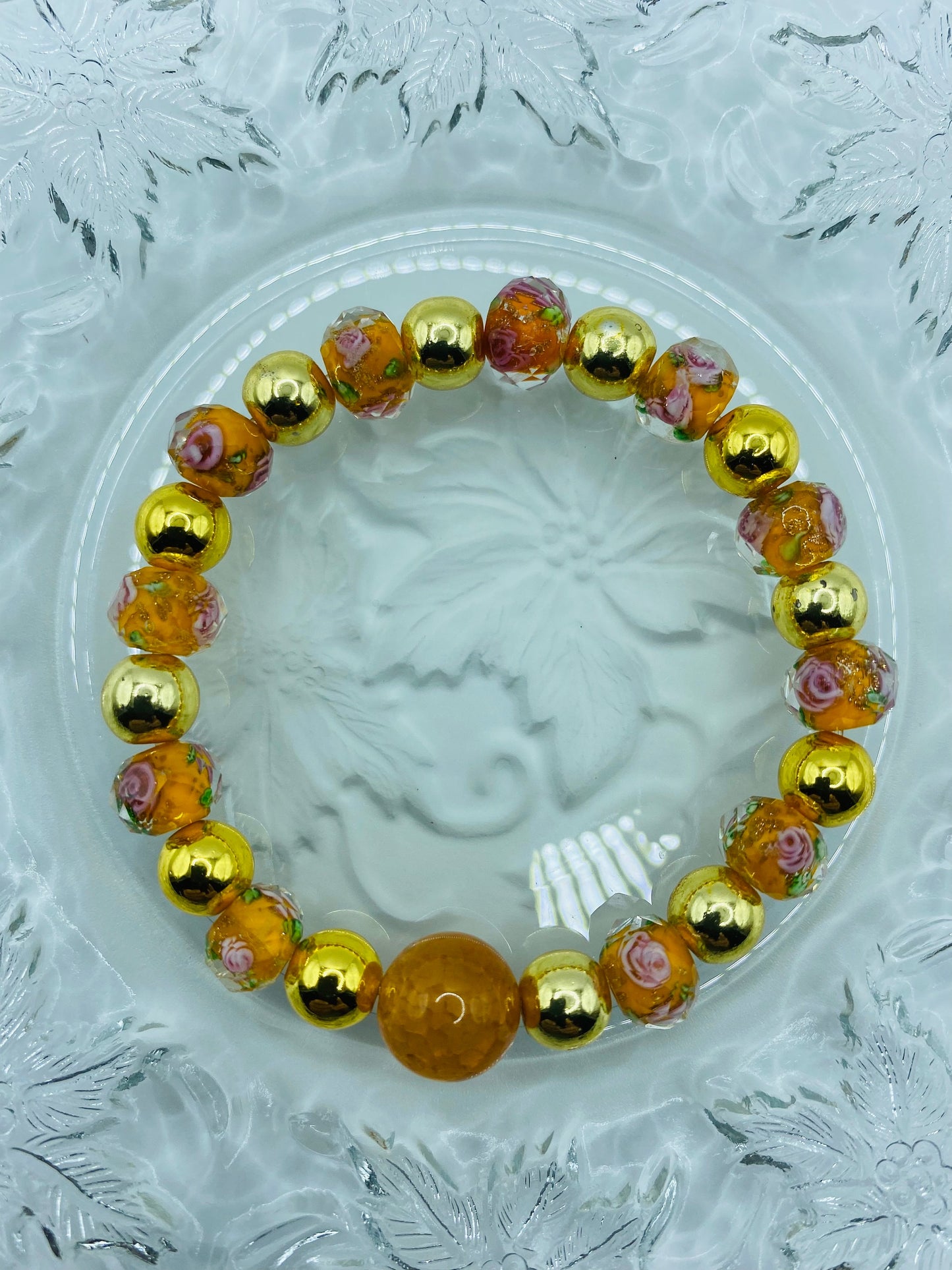 Handmade Fire Agate Bracelet: 18K Gold Hematite & Lampwork Floral Beads