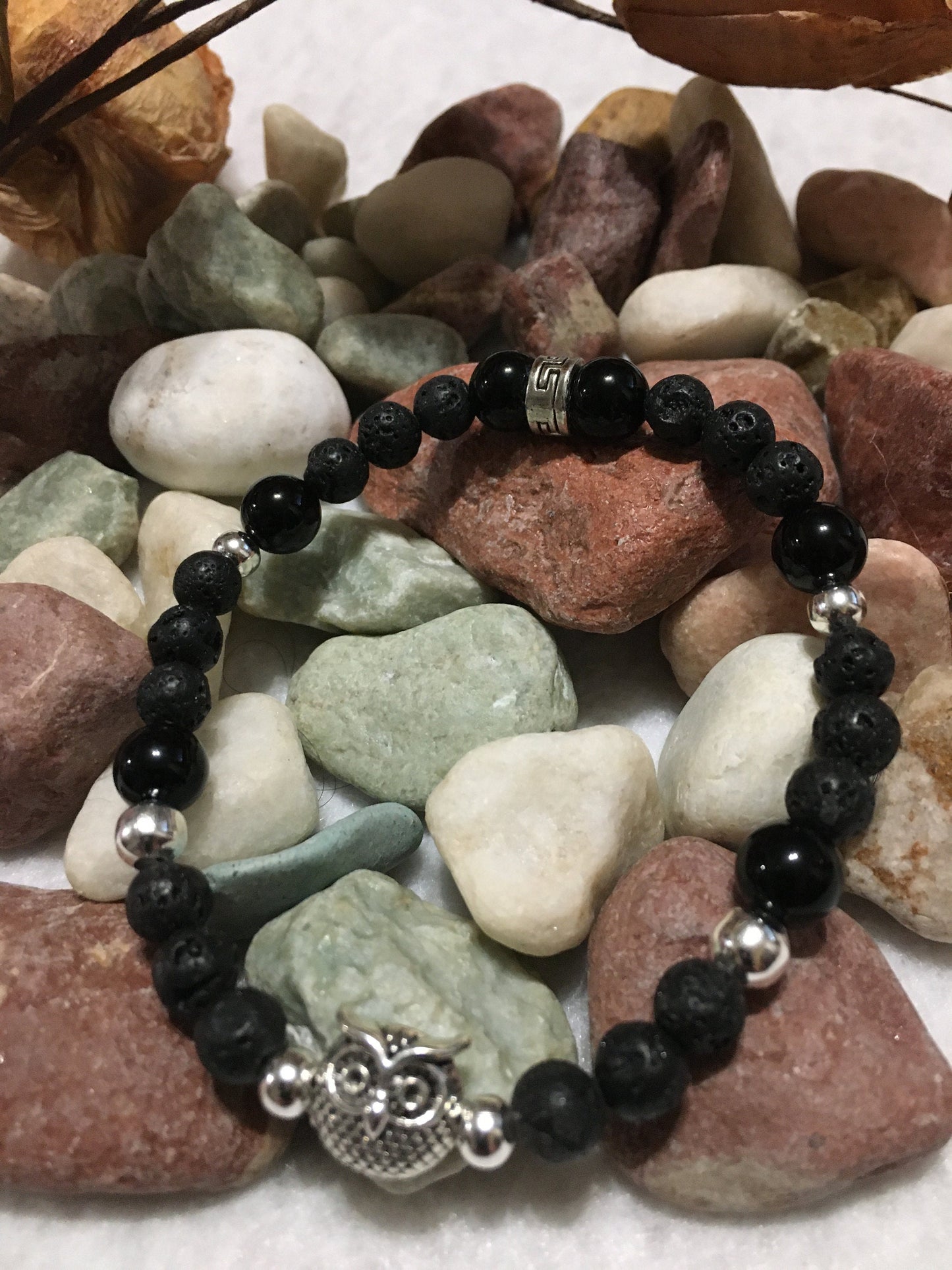 Night Owl Bracelet: Black Onyx & Lava Rock Gemstone Beads, Silver Owl Charm
