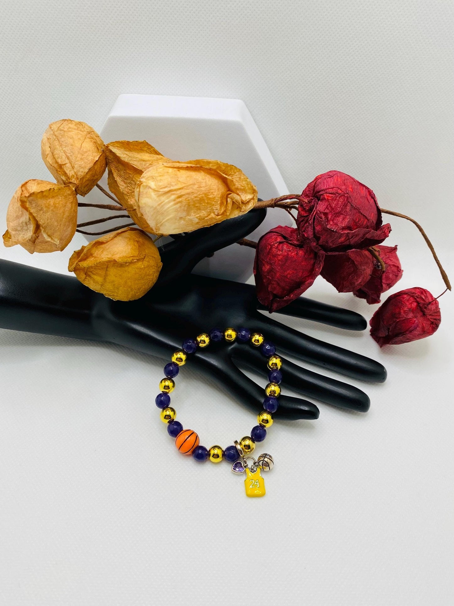 Kobe Bryant Lakers Bracelet: Amethyst & Hematite Gemstone Beads