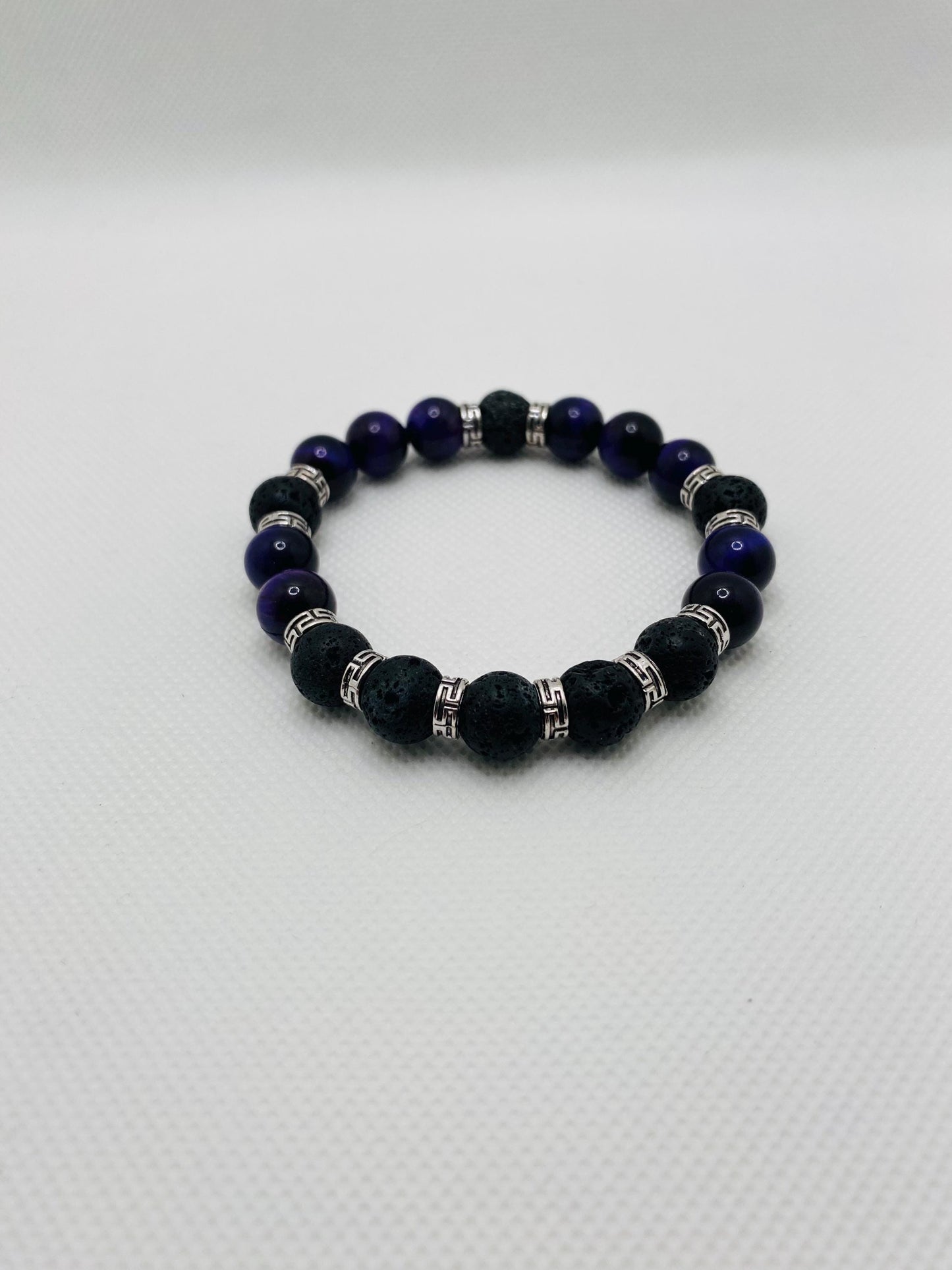 Mens Black Lava Rock & Purple Tiger Eye Bracelet: Tibetan Gemstone Jewelry