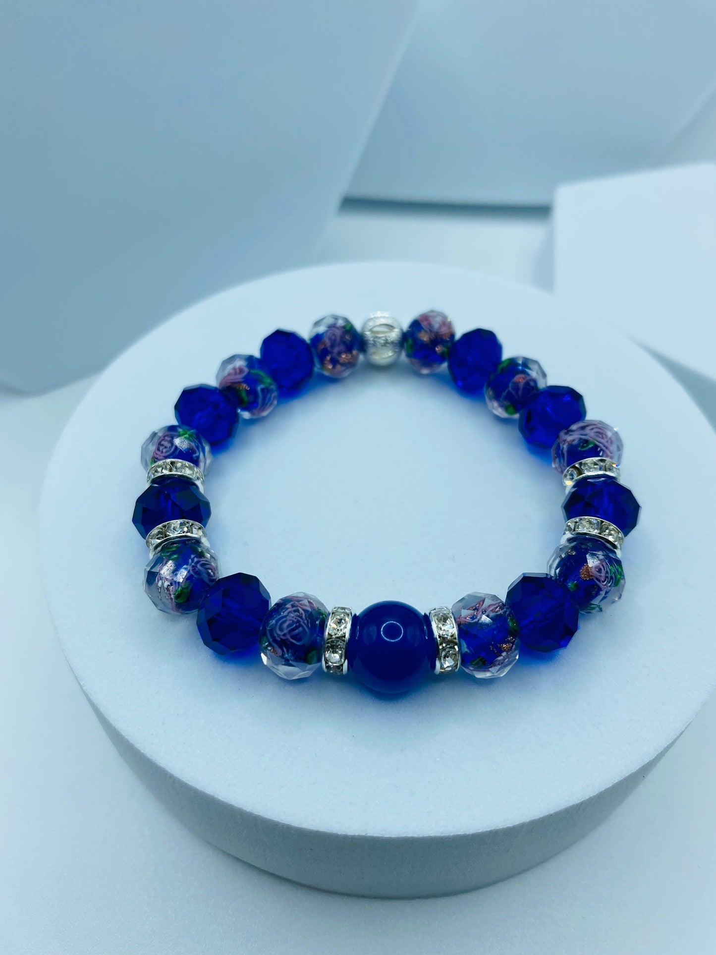 Blue Chalcedony Bracelet: Lampwork Floral Glass Beads, Rhinestone Accents