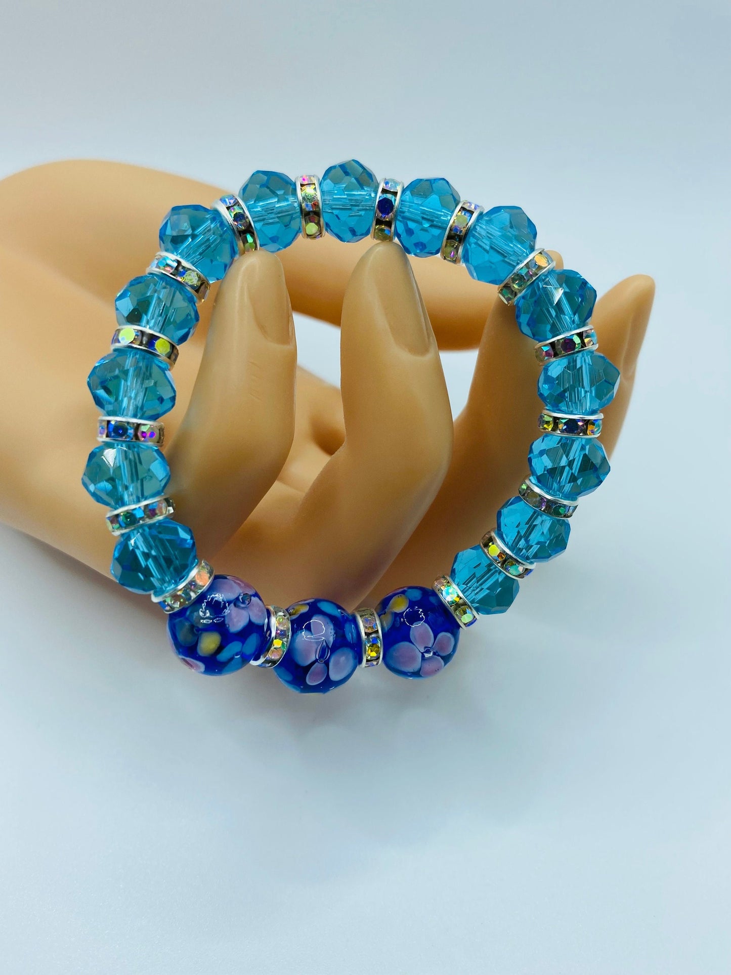 Blue Topaz Crystal Bracelet: Lampwork Floral Glass Beads, Rhinestone Rondelles
