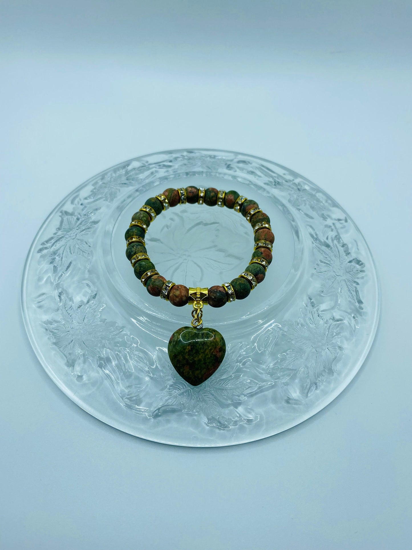 Unakite Heart Charm Bracelet: Gemstone Beads, 18k Gold Accents