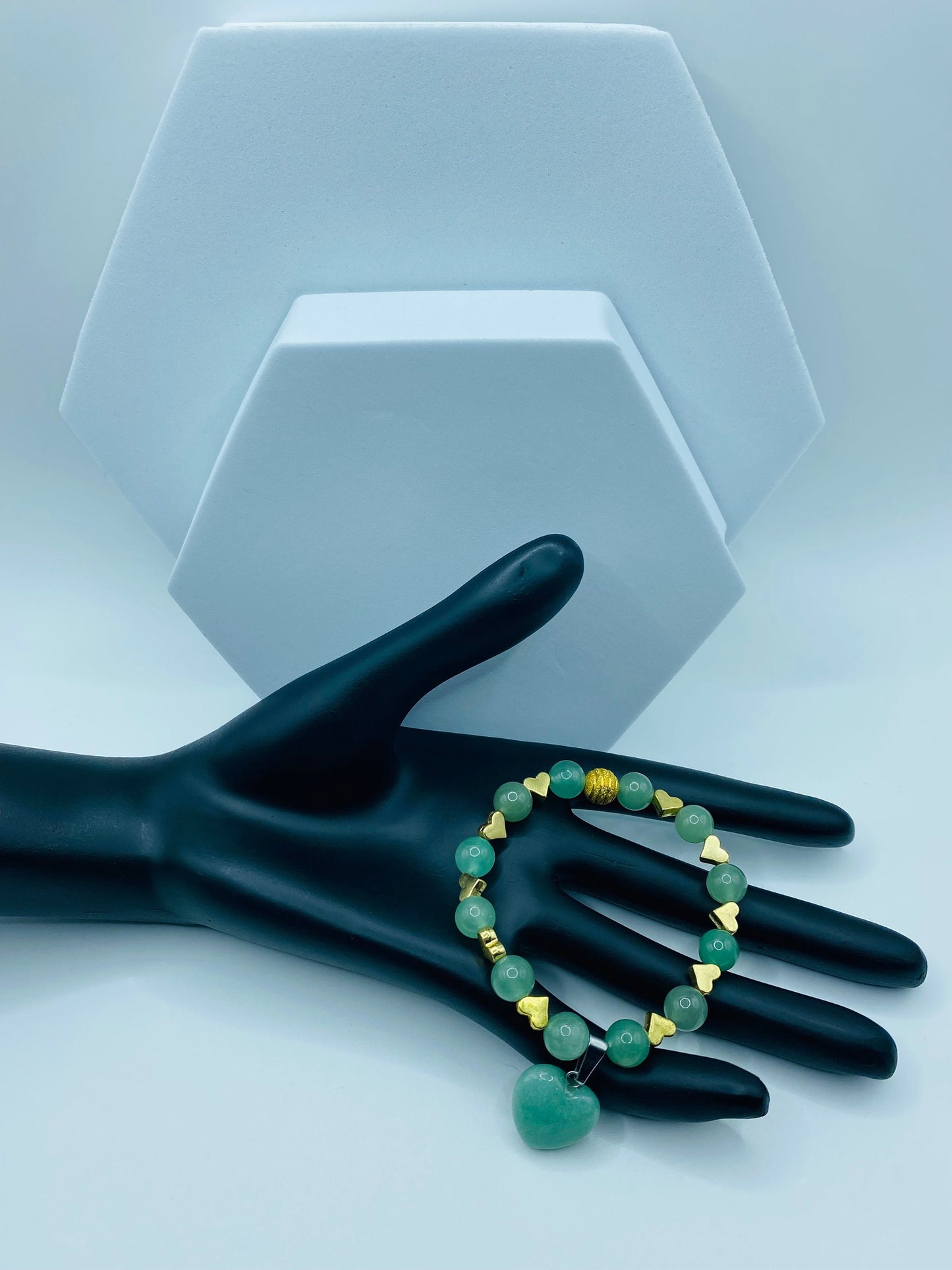 Handmade Green Aventurine Heart Bracelet: 18K Gold Plated Charms