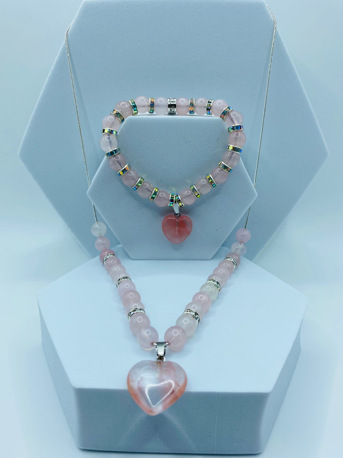 Rose Quartz Necklace Bracelet Set: Pink Aventurine Heart Charm, Rhinestone Rondelles