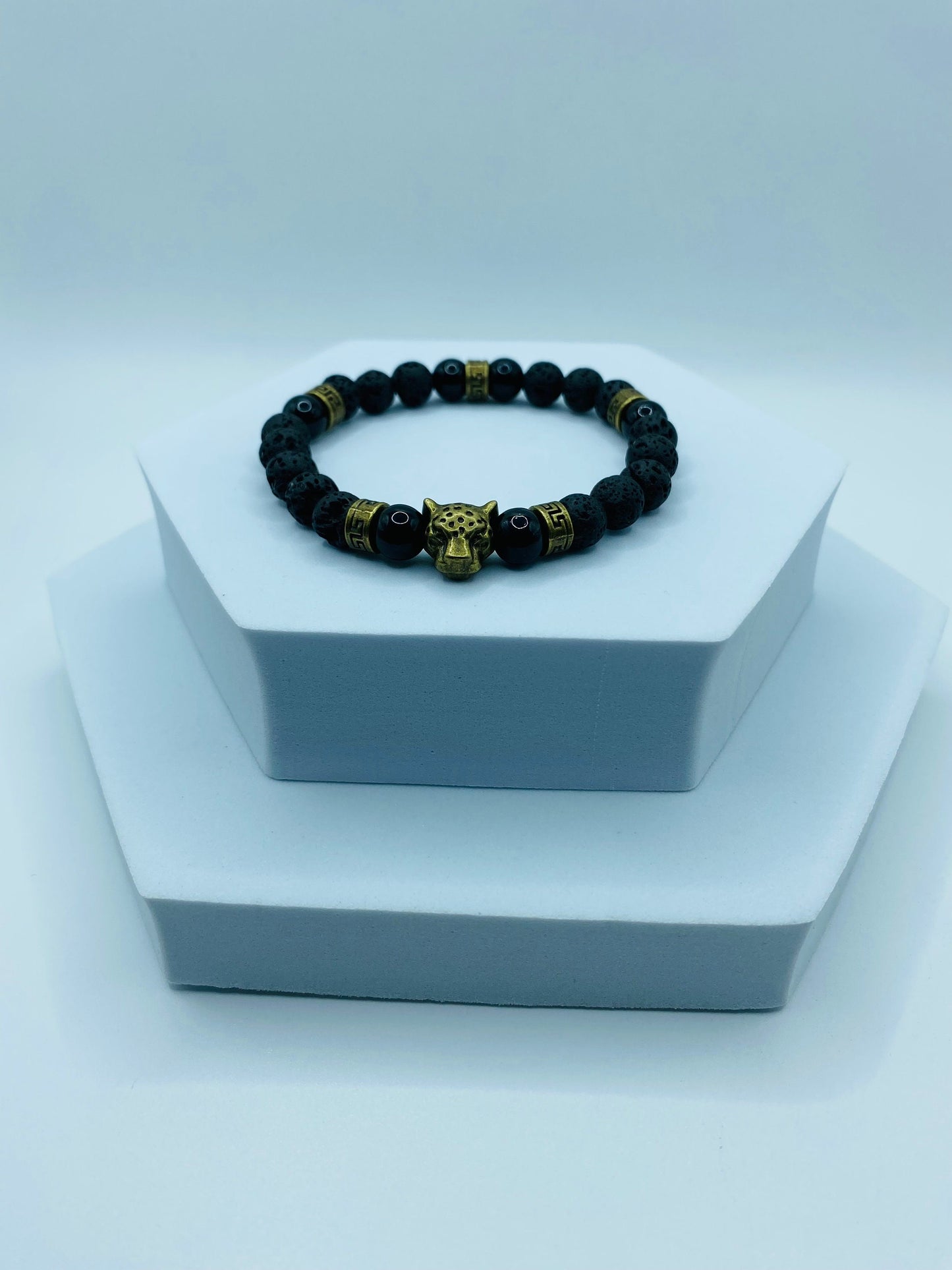 Black Onyx Lava Rock Bracelet with Bronze Leopard Charm