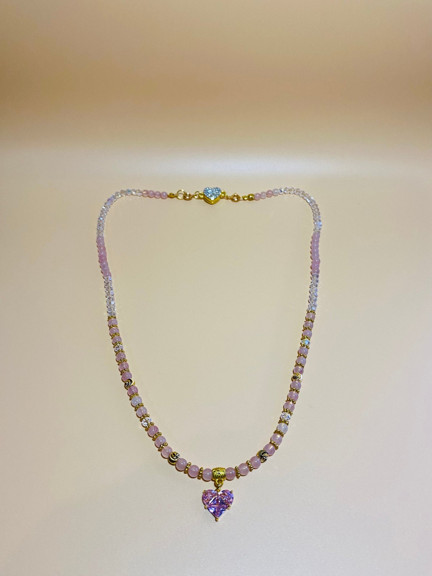 Pink Crystal Heart Pendant Necklace: Rose Quartz & Glass Beads