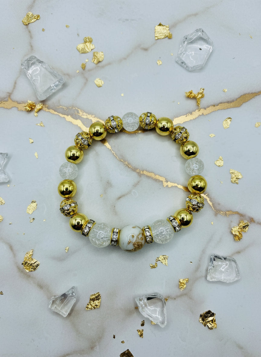 Gold Hematite Bracelet: Lampwork Glass & Crackle Quartz Crystal
