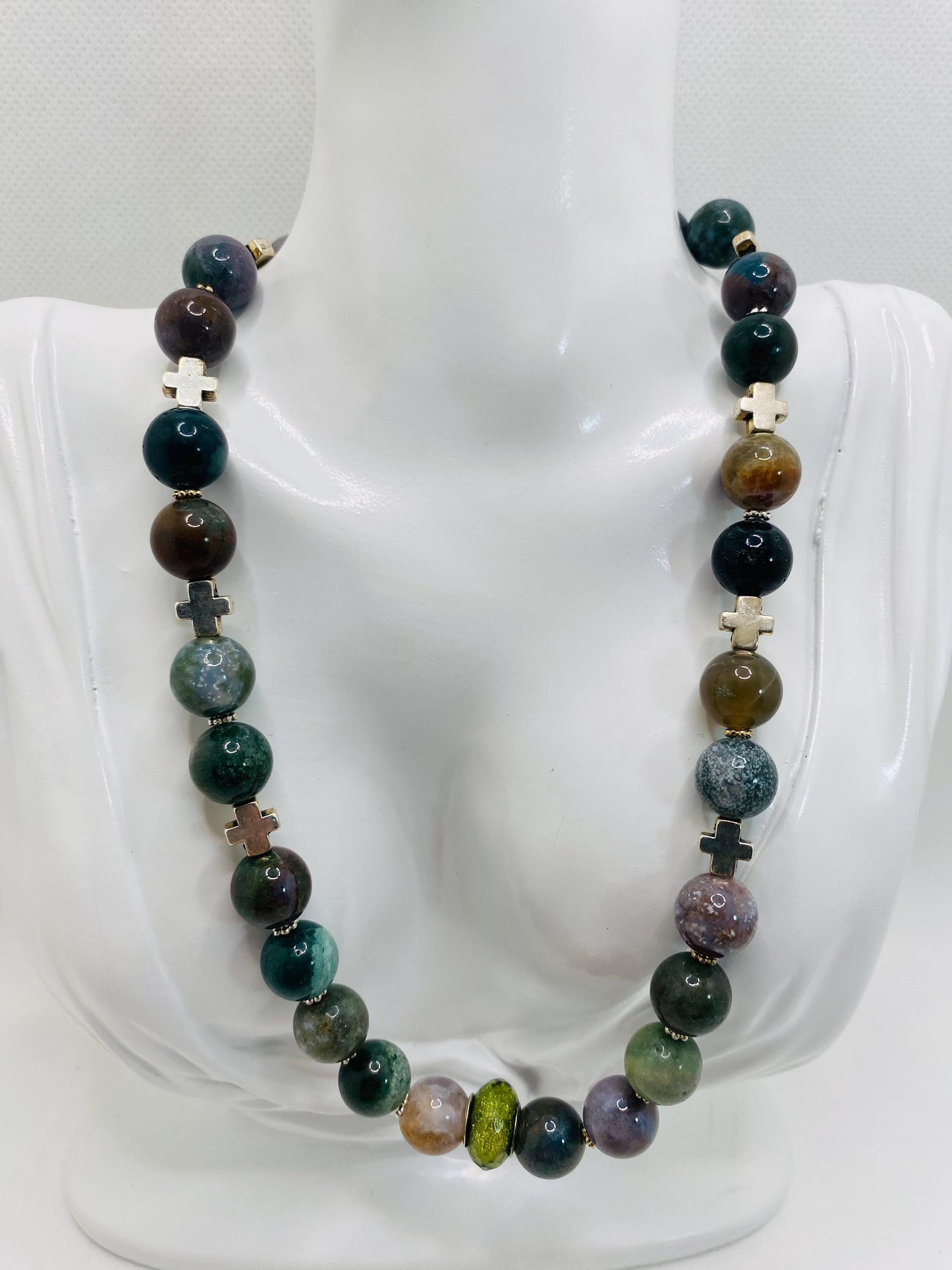 Moss Agate Necklace: Religious Cross Medallion, Antique Silver