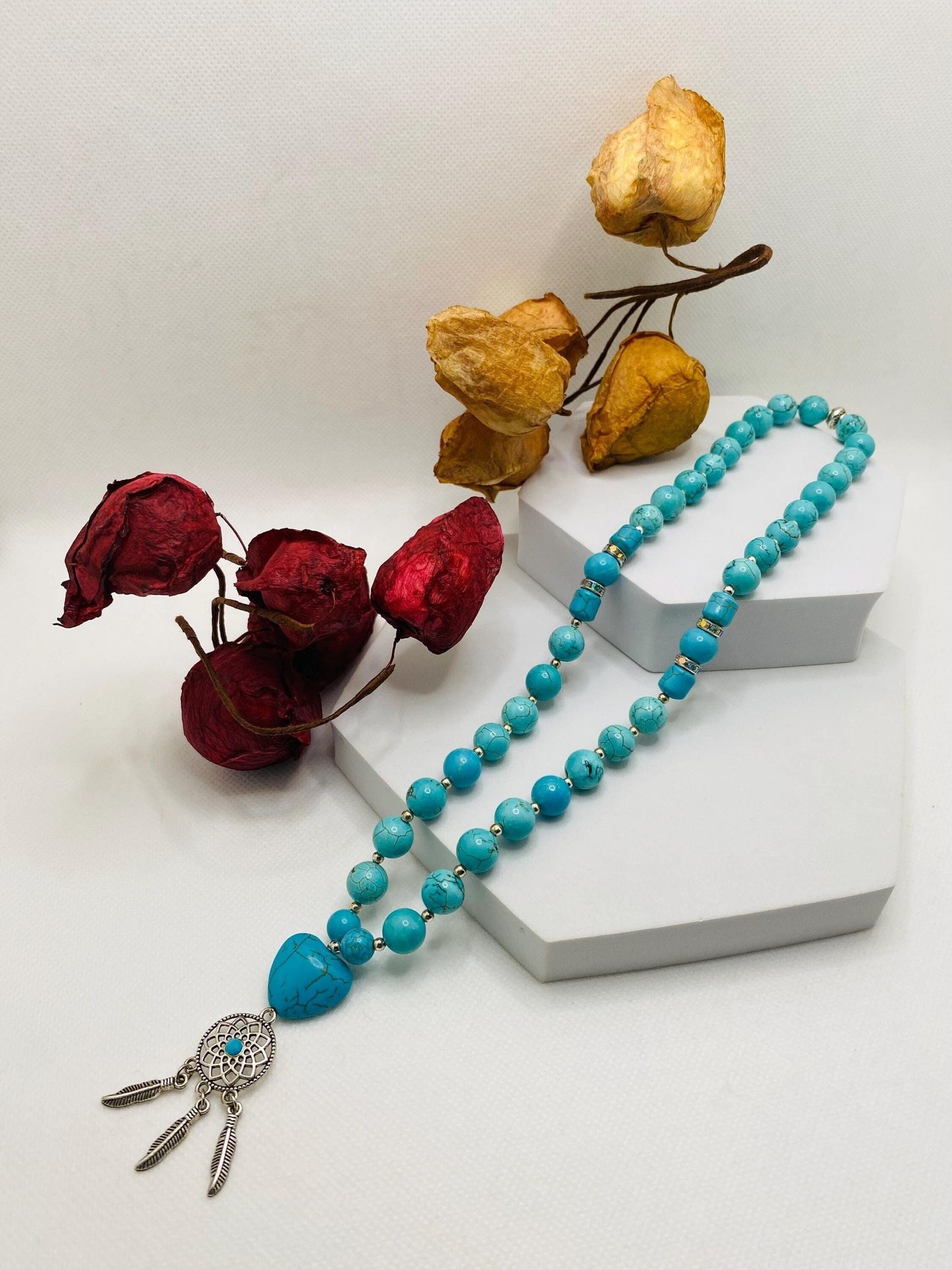 Handmade Turquoise Heart Necklace: Boho Dreamcatcher Pendant