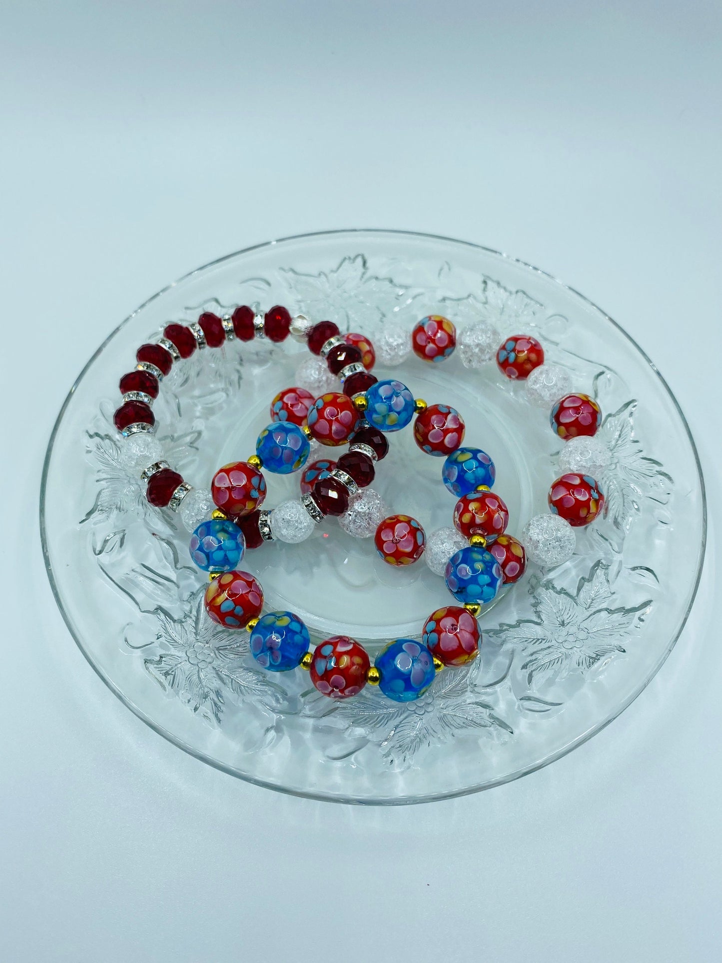 Floral Lampwork Glass Bead Bracelet: Red & Blue Murano Style