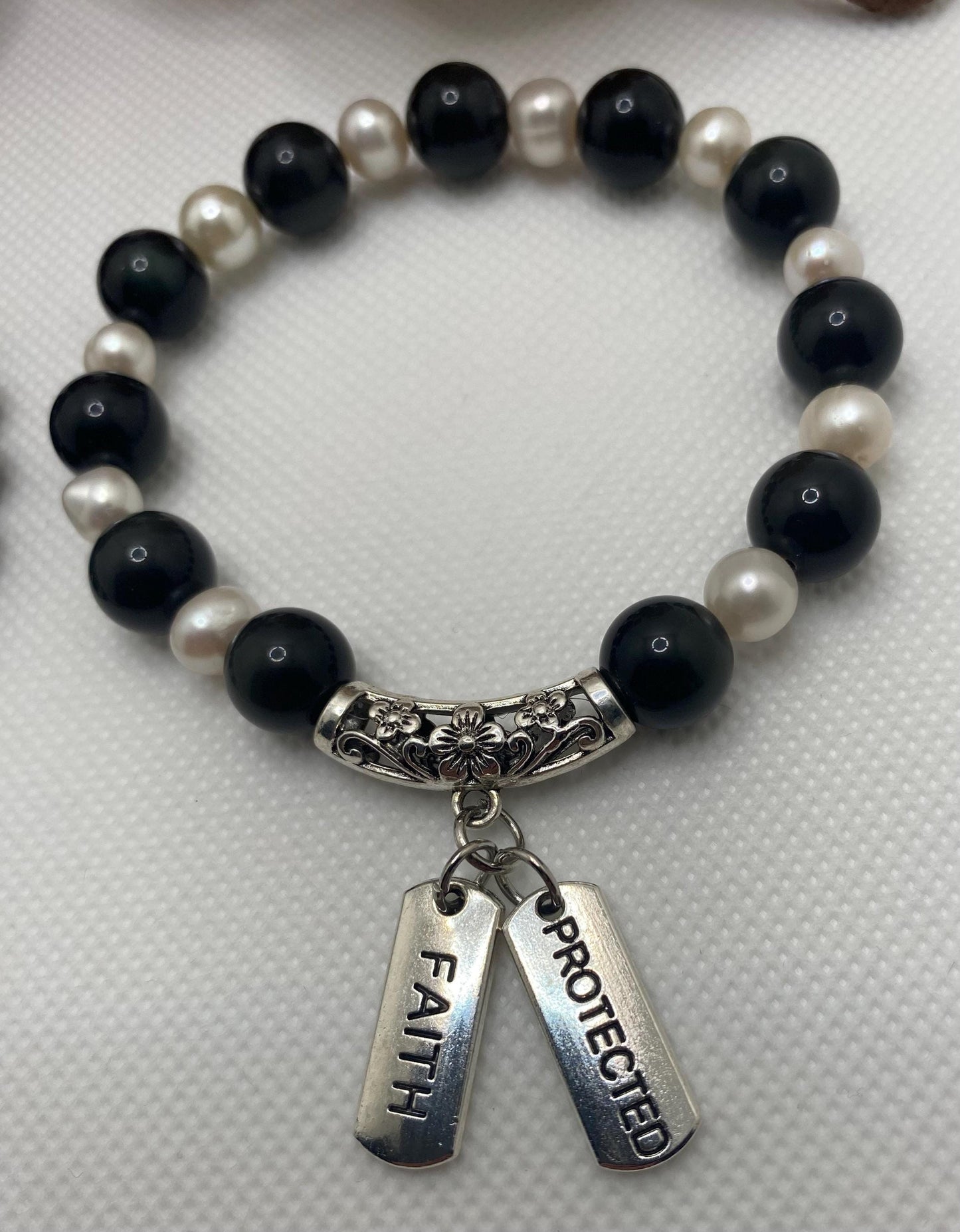 Obsidian & Pearl Charm Bracelet: Stainless Steel Inspirational Quotes