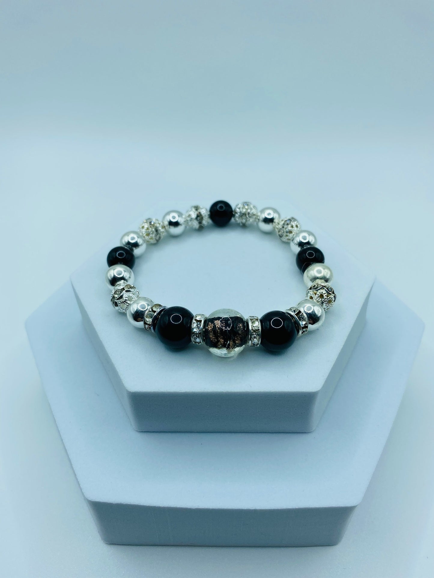 Men's Silver Hematite & Onyx Bracelet with Lampwork Glass Beads