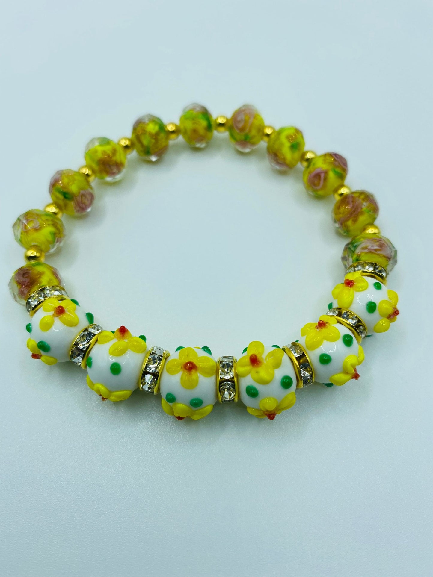 Yellow Flower Lampwork Glass Bead Bracelet: Rhinestone Rondelles
