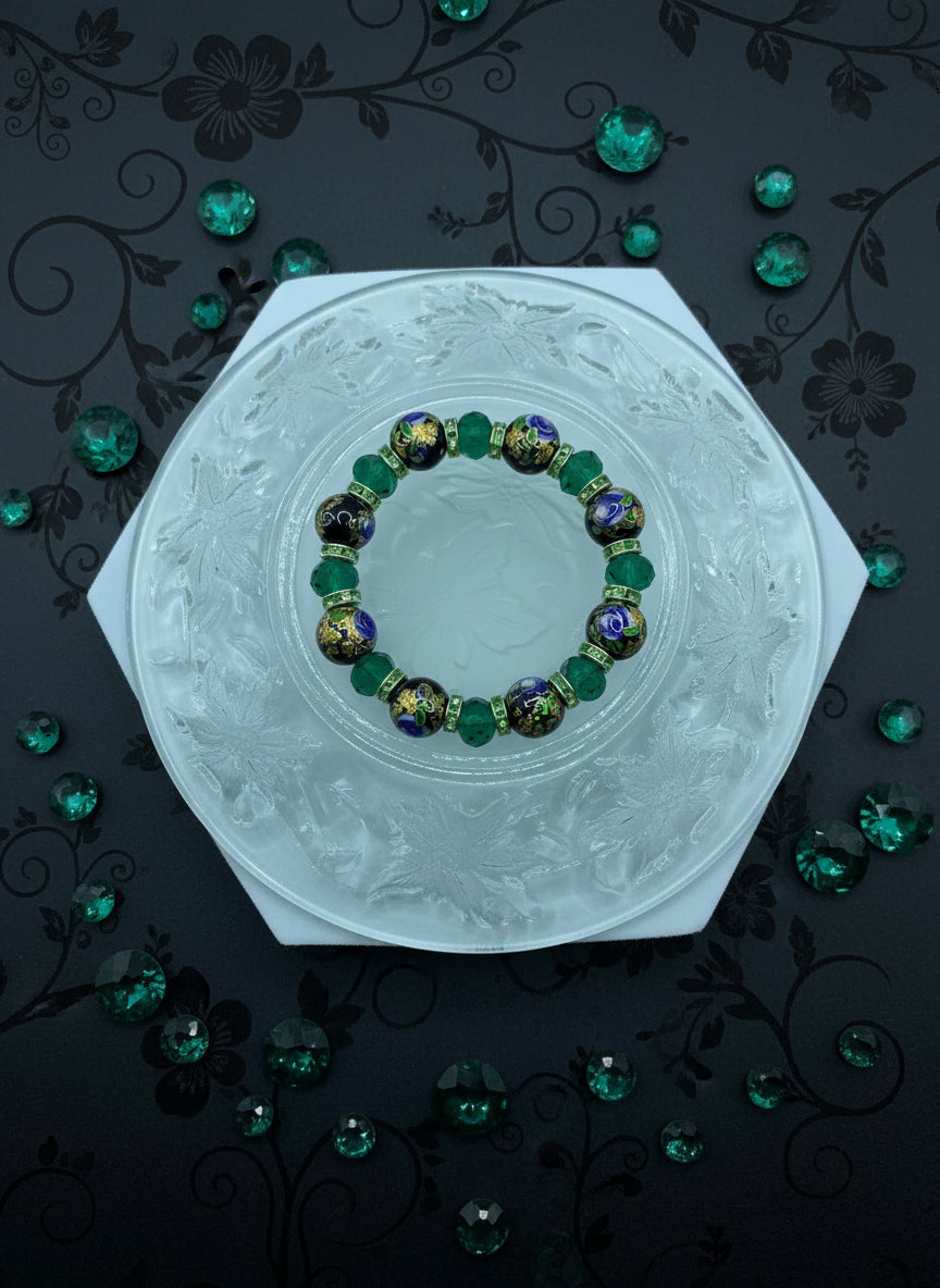 Floral Lampwork Glass Bead Bracelet: Emerald Green Crystal Rhinestone Rondelles