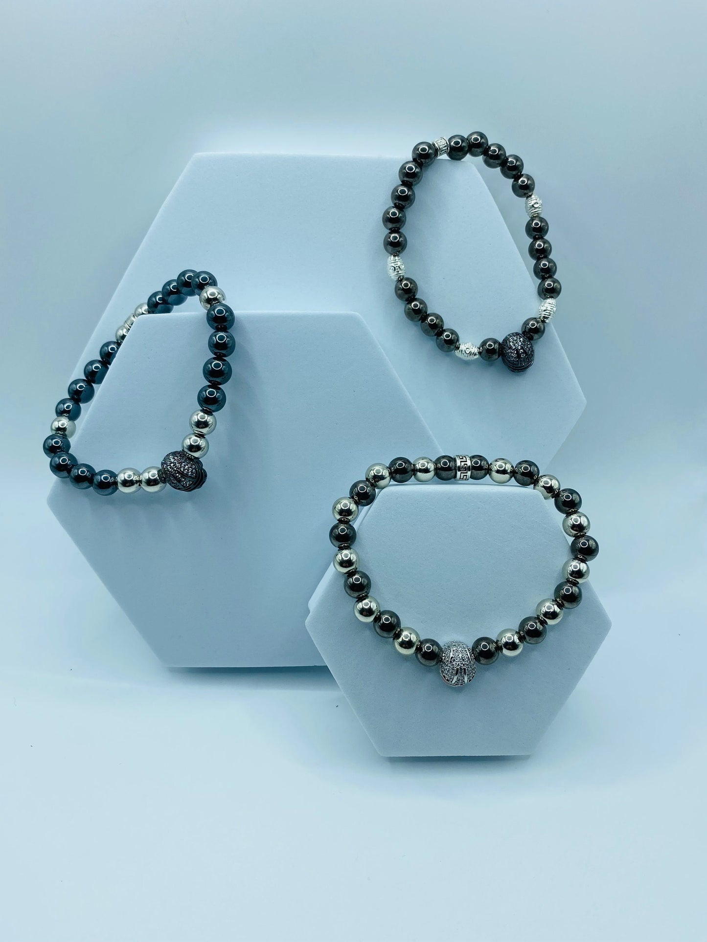 Las Vegas Raiders Bracelet: Hematite Gemstone Beads, CZ Football Helmet