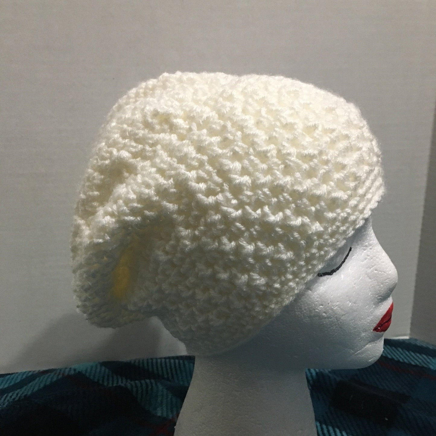 Handmade Crochet Slouchy Beanie: White Acrylic Hat with Flower