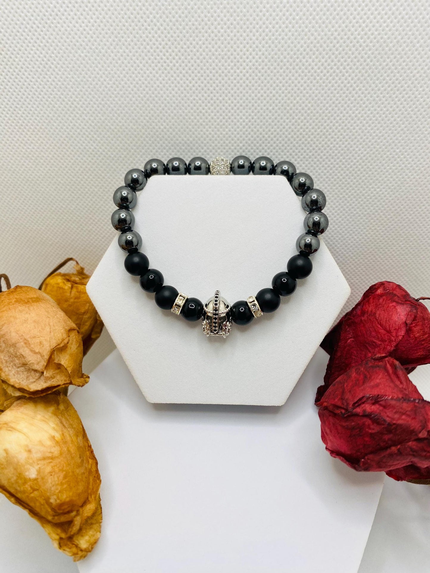 Mens Jewelry Silver Spartan Helmet Bracelet with black Onyx & Hematite Gemstone Beads - Medieval Jewelry