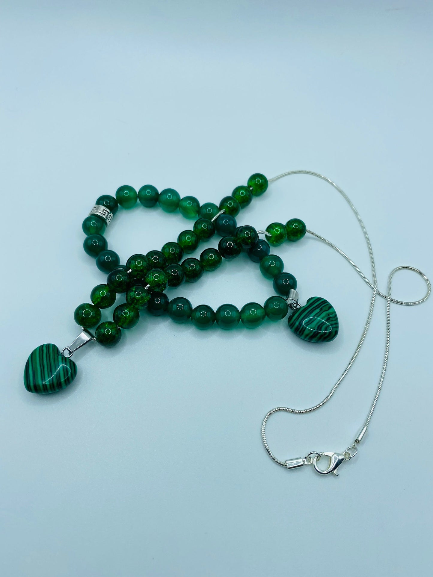 Handmade Lampwork Glass Bead Jewelry Set: Malachite Heart Necklace & Bracelet