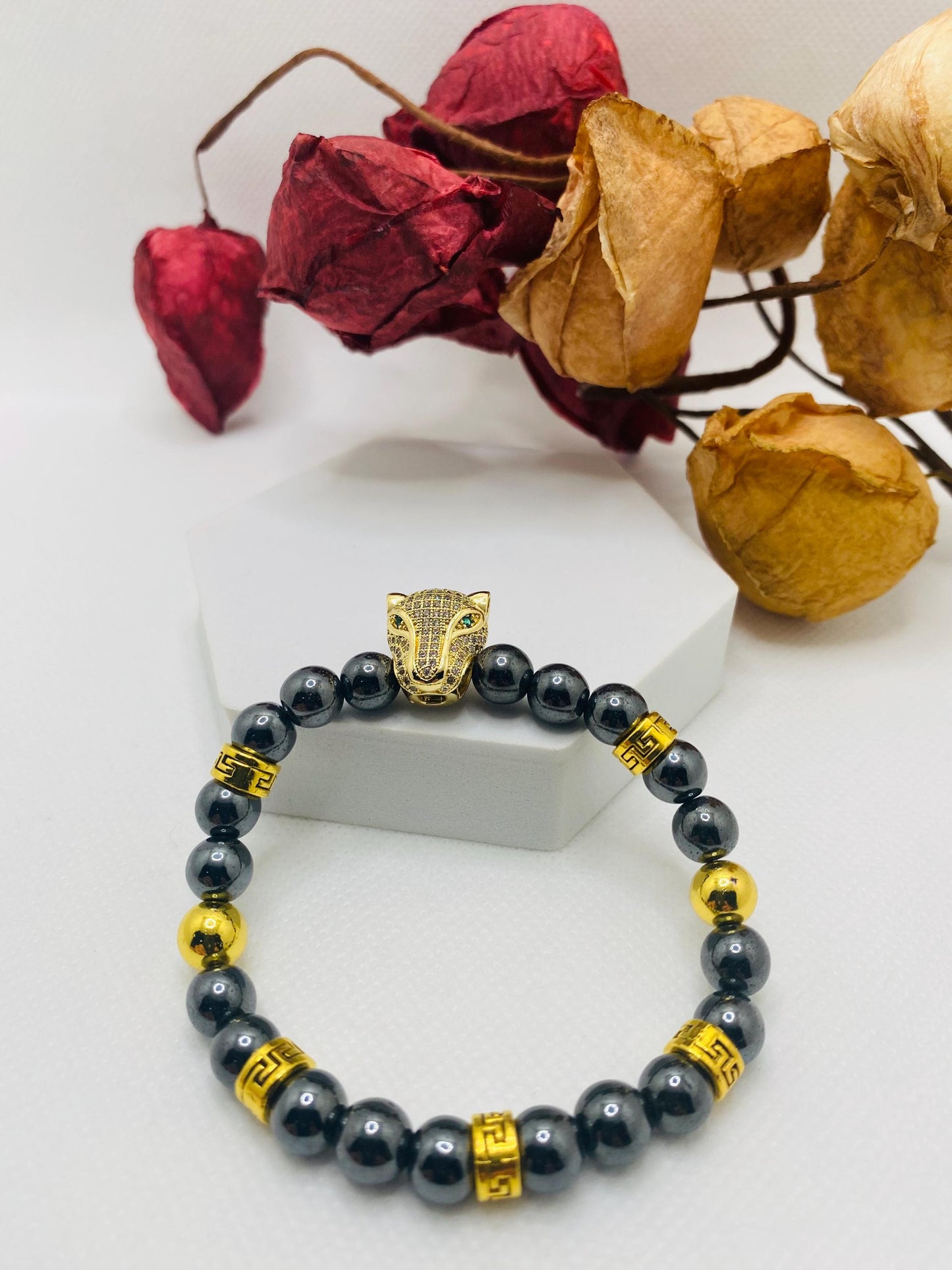 Black Hematite Bracelet: Gold Panther Bead Charm, Unisex Jewelry