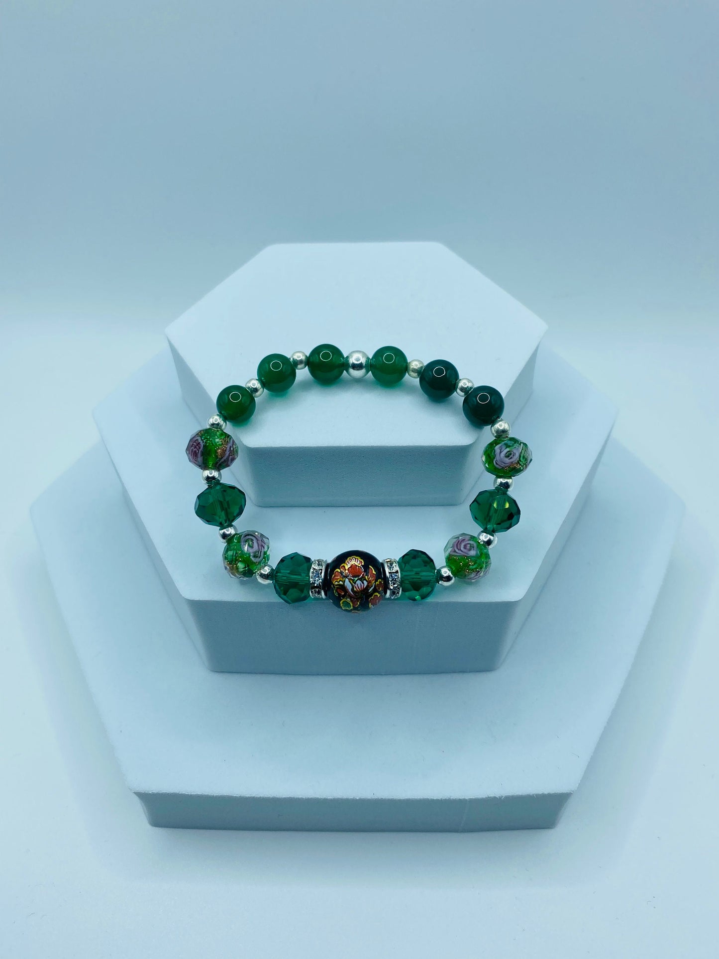 Jade Bracelet: Lampwork Floral Glass Beads & Hematite Gemstones
