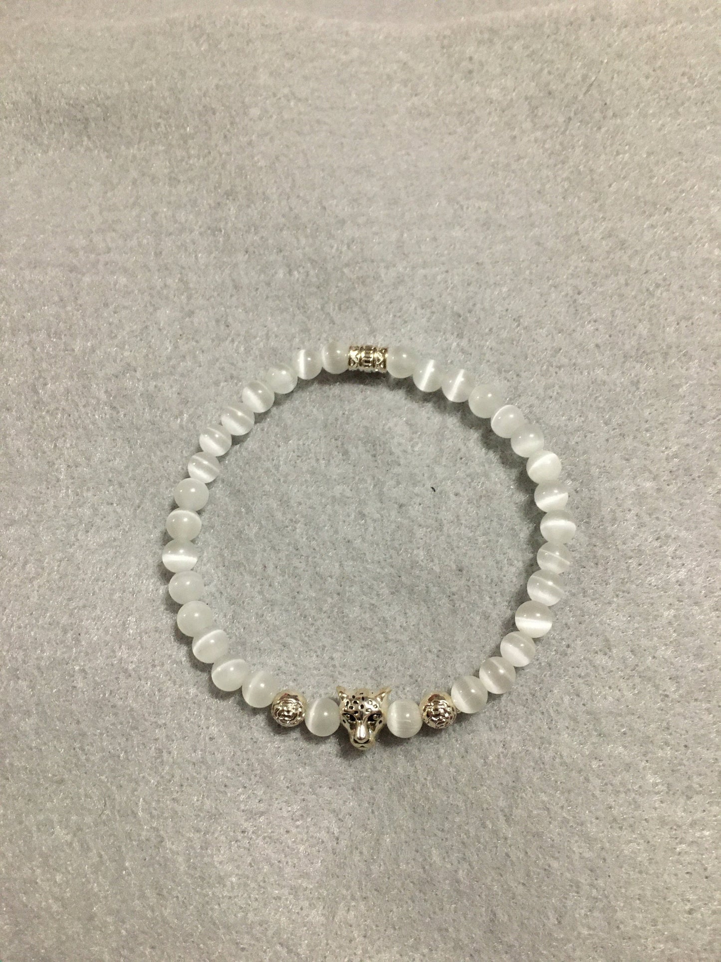 Leopard Charm Bracelet: White Cats Eye Bead, Silver Accents