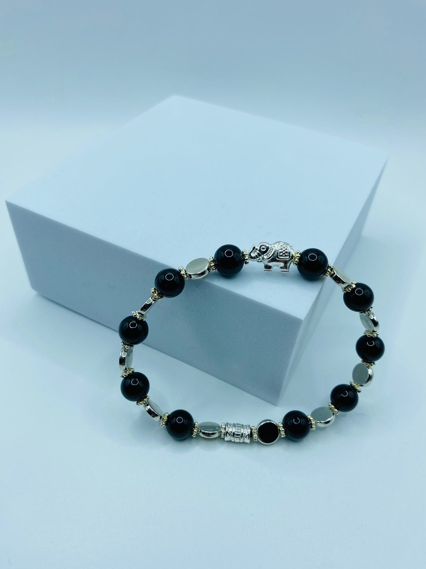 Elephant Charm Bracelet: Black Onyx Gemstone Beads, White Gold Accents