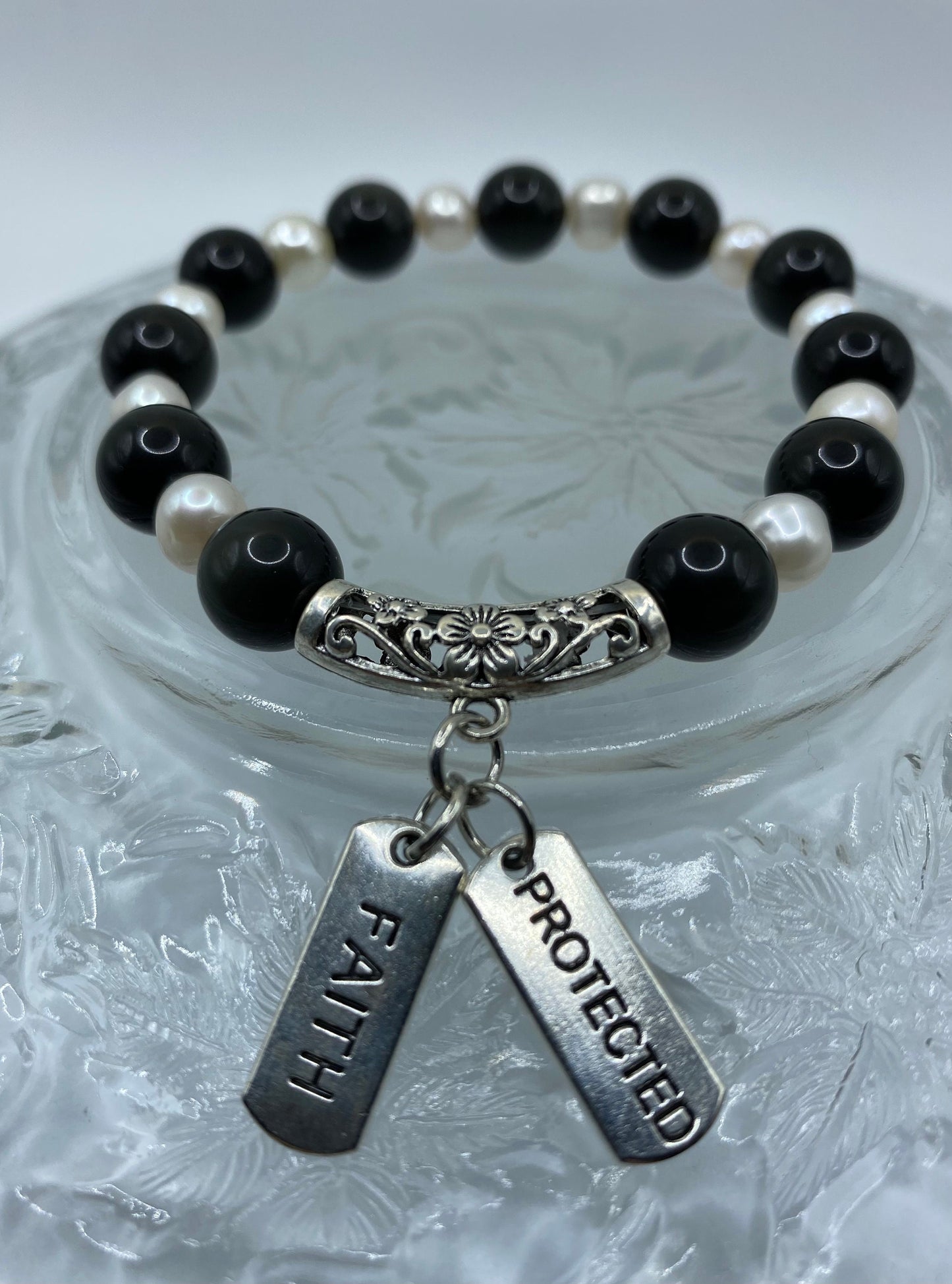 Onyx & Pearl Charm Bracelet: Inspirational Word Charms, Handmade