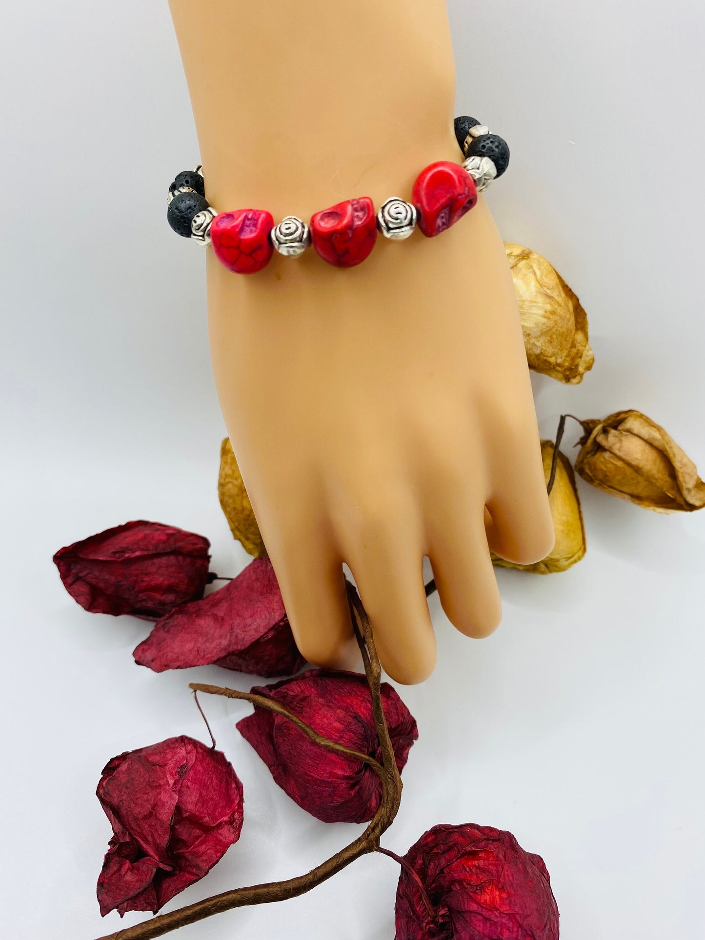 Day of the Dead Lava Rock Bracelet, Red Skull Beads & Metal flowers - Dia de Los Muertos - Gifts for Her