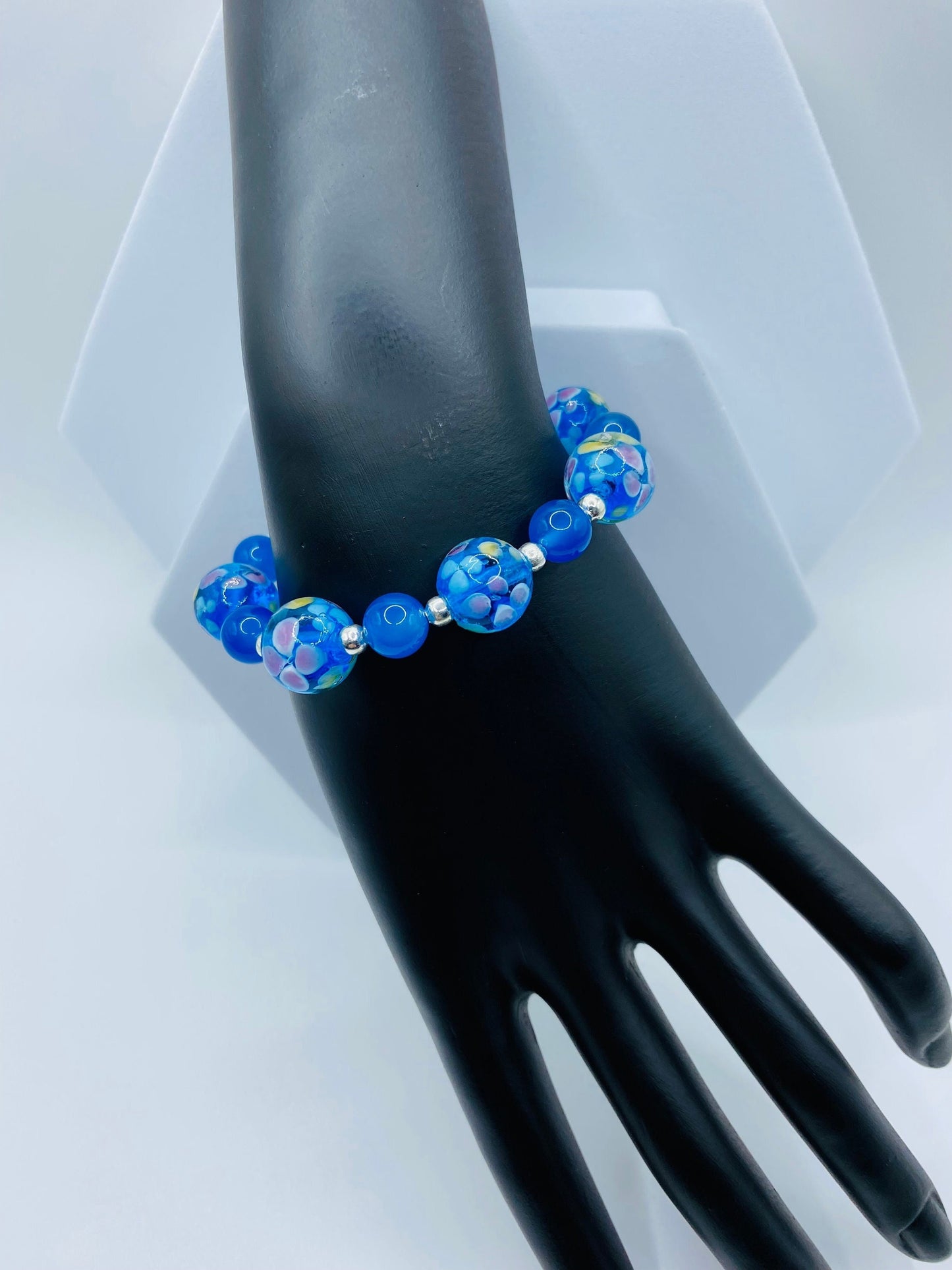 Blue Lace Agate Bracelet: Lampwork Floral Glass Beads, Silver Accents