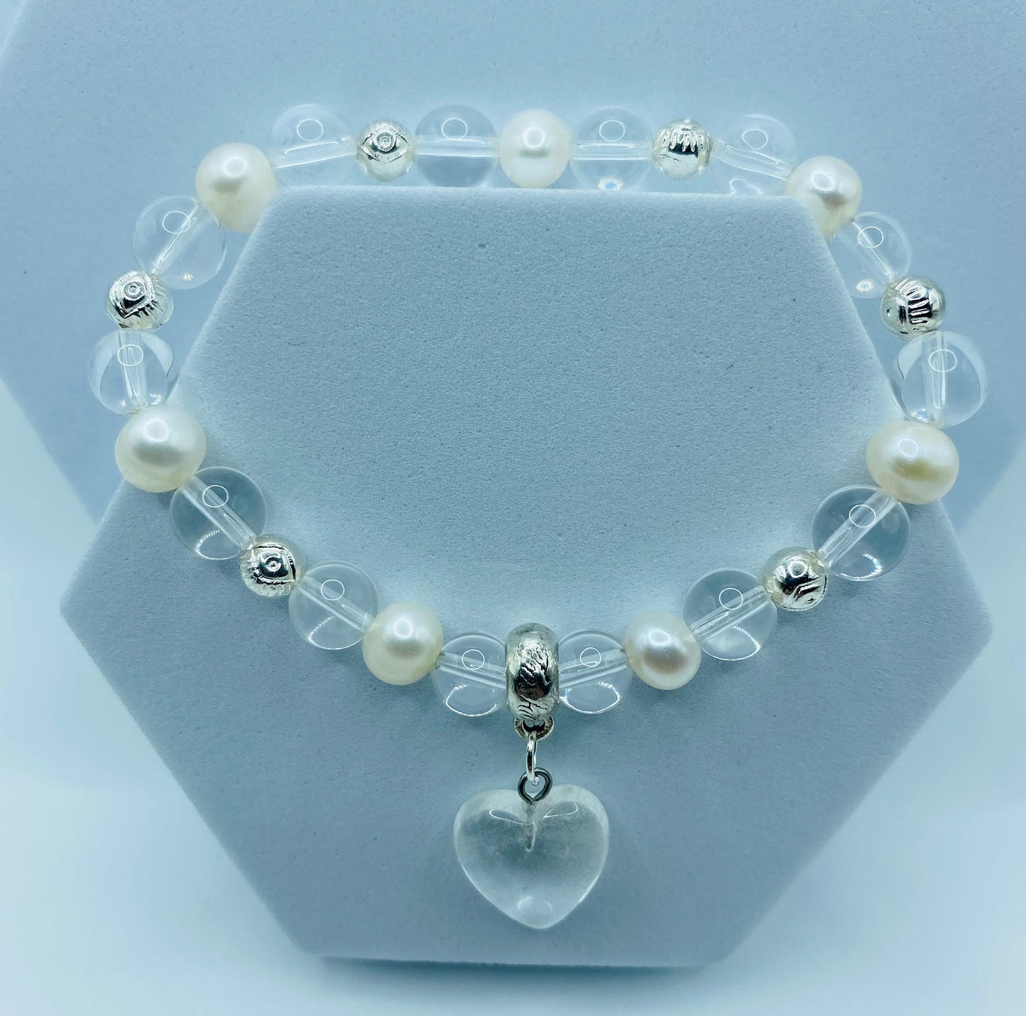 Clear Quartz Crystal Bracelet: Baroque Pearls & Heart Charm