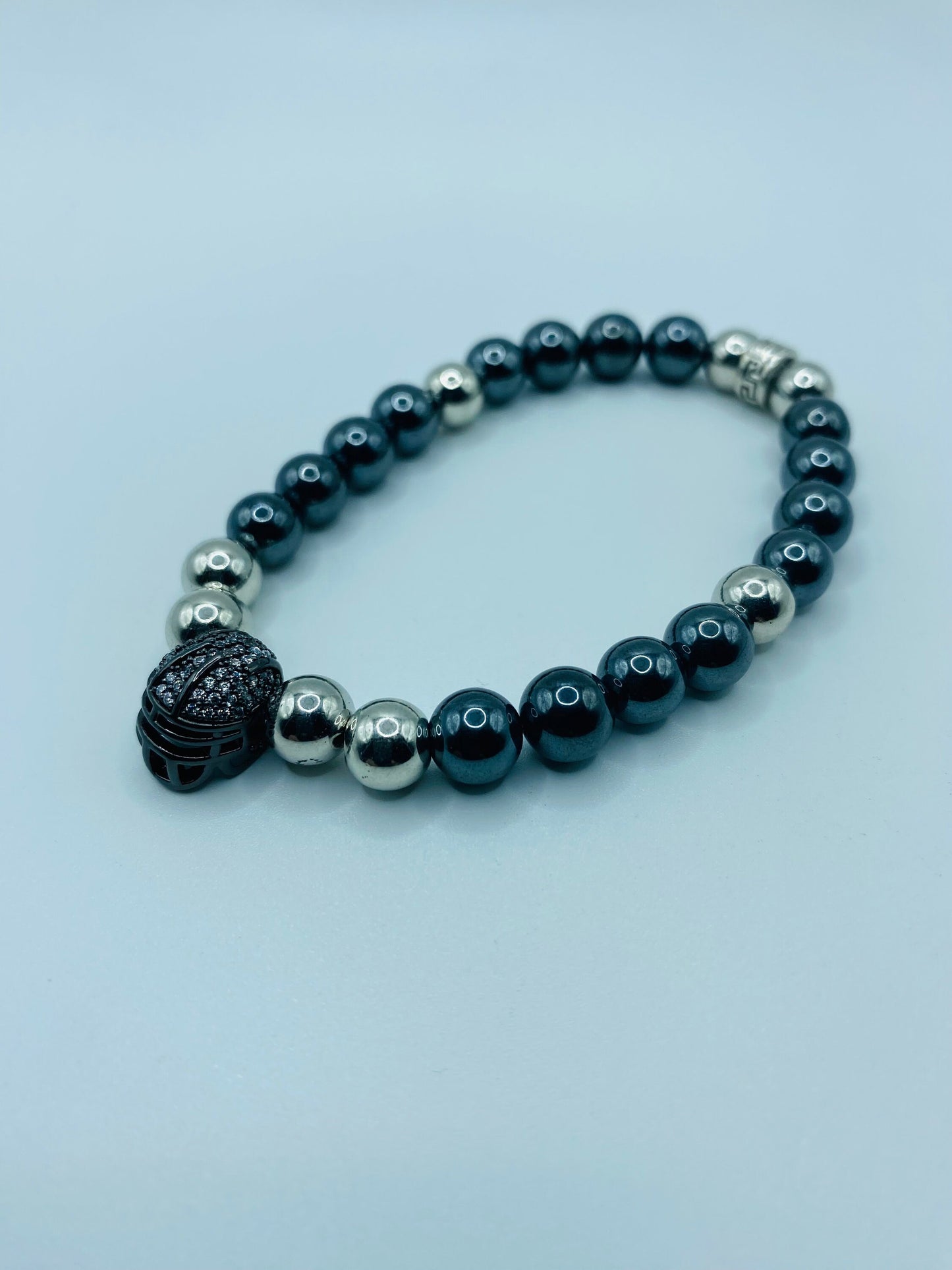 Las Vegas Raiders Mens Bracelet - Hematite Gemstone Beads and Football Helmet - Bracelets for Women