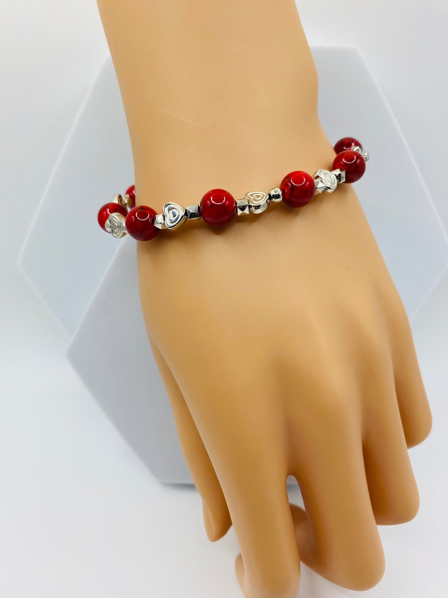 Red Turquoise Bracelet with White Gold Heart Charms