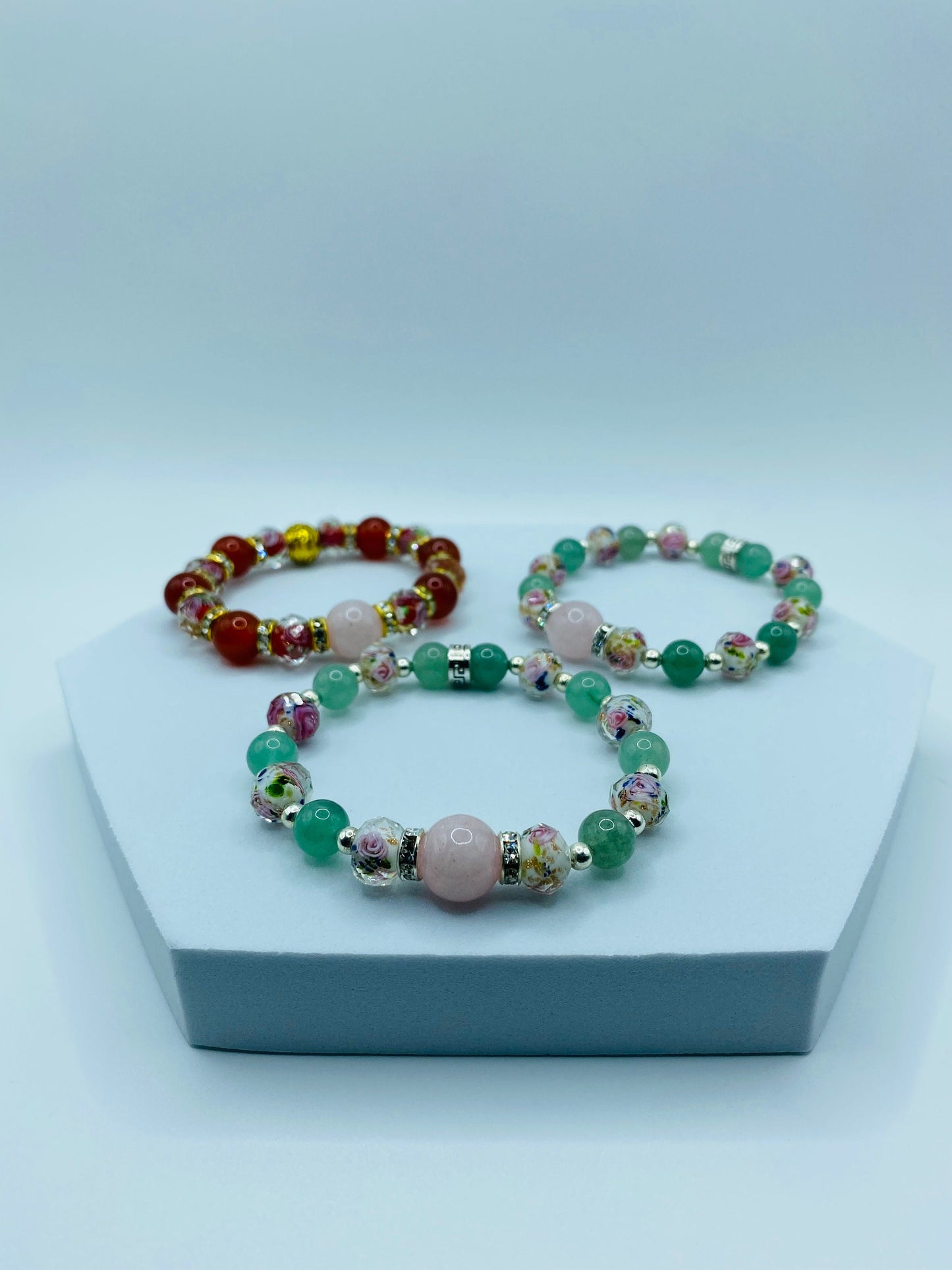 Rose Quartz Bracelet with Green Aventurine & Lampwork Glass Beads - Hematite Gemstone Bracelet