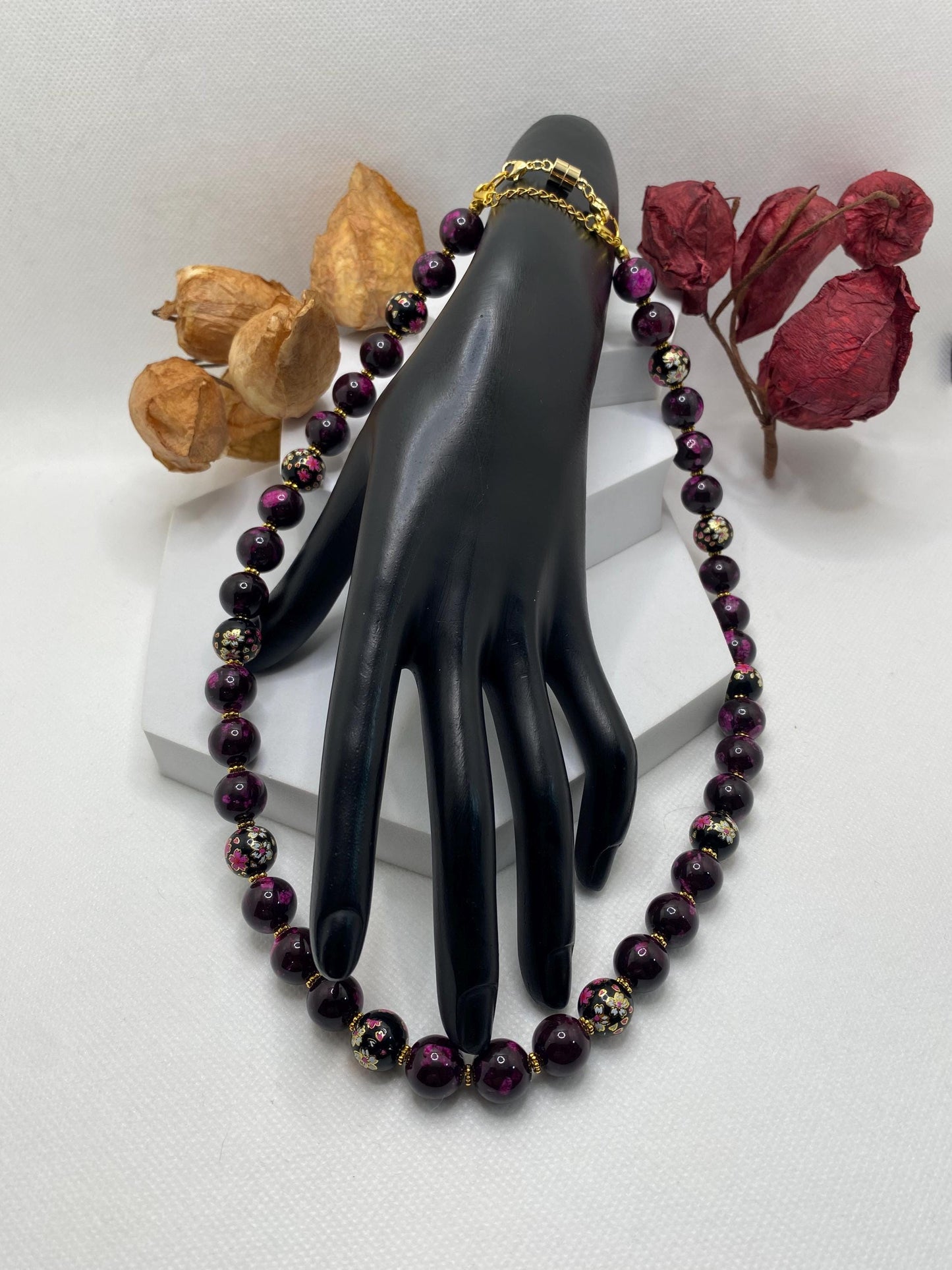 Dark Red Jasper Beaded Necklace: Floral Glass & Gold Accents