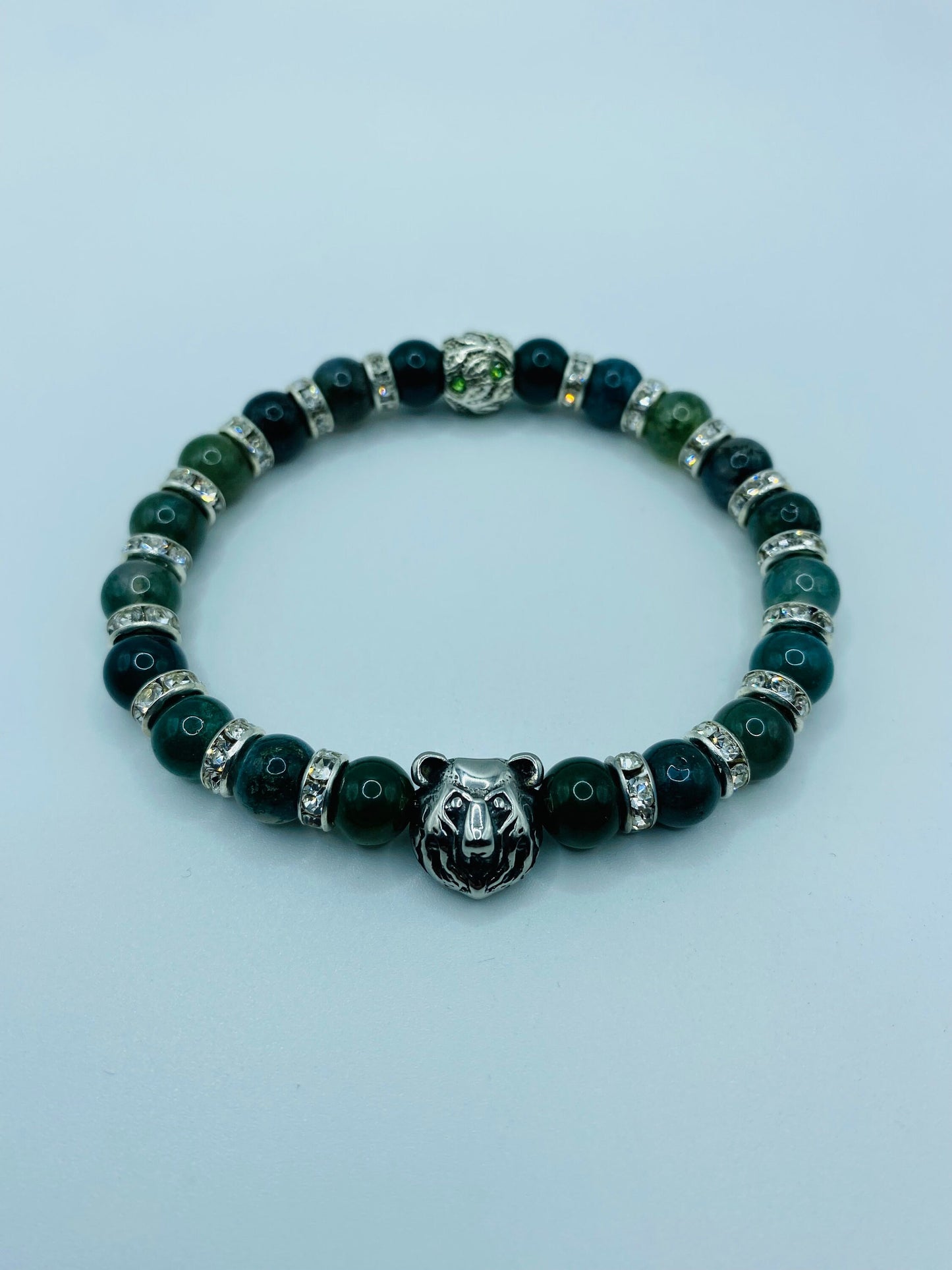 Mens Moss Agate Beaded Bracelet: Bear Charm, Rhinestone Spacers
