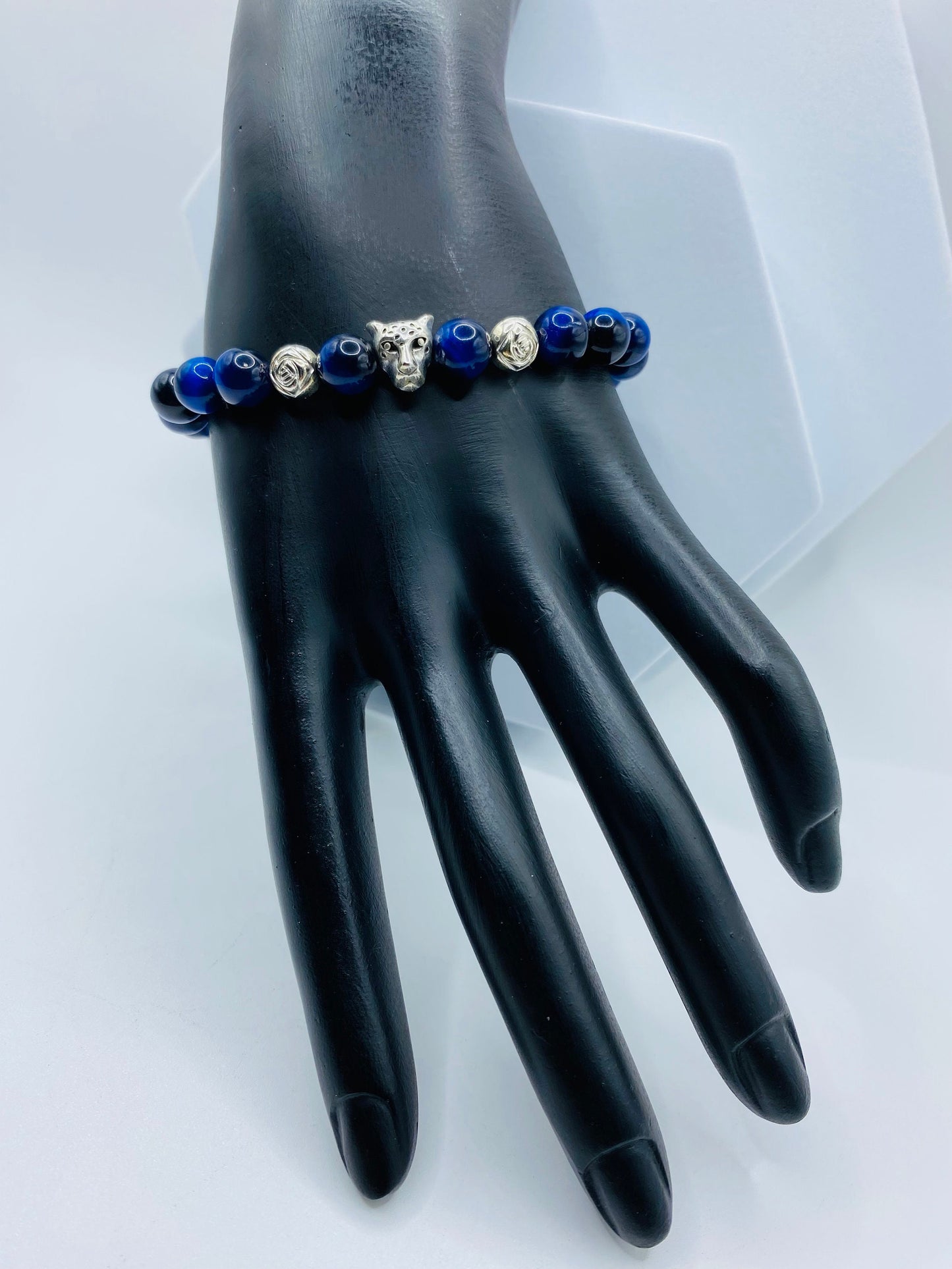 Blue Tiger's Eye Bracelet: Leopard Charm, Silver Beads