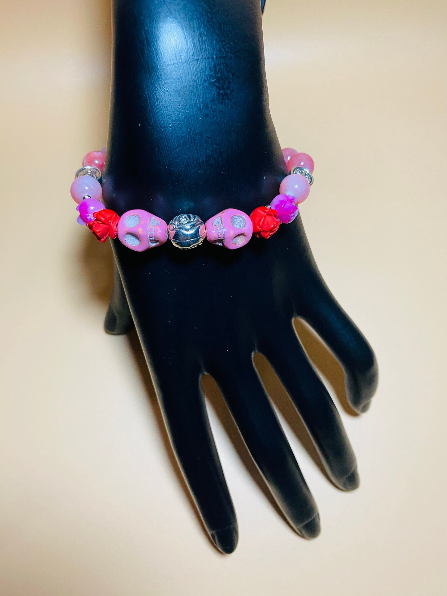 Day of the Dead Religious Jewelry, Jade Bracelet with Skull Beads & Roses, Flower Bracelet