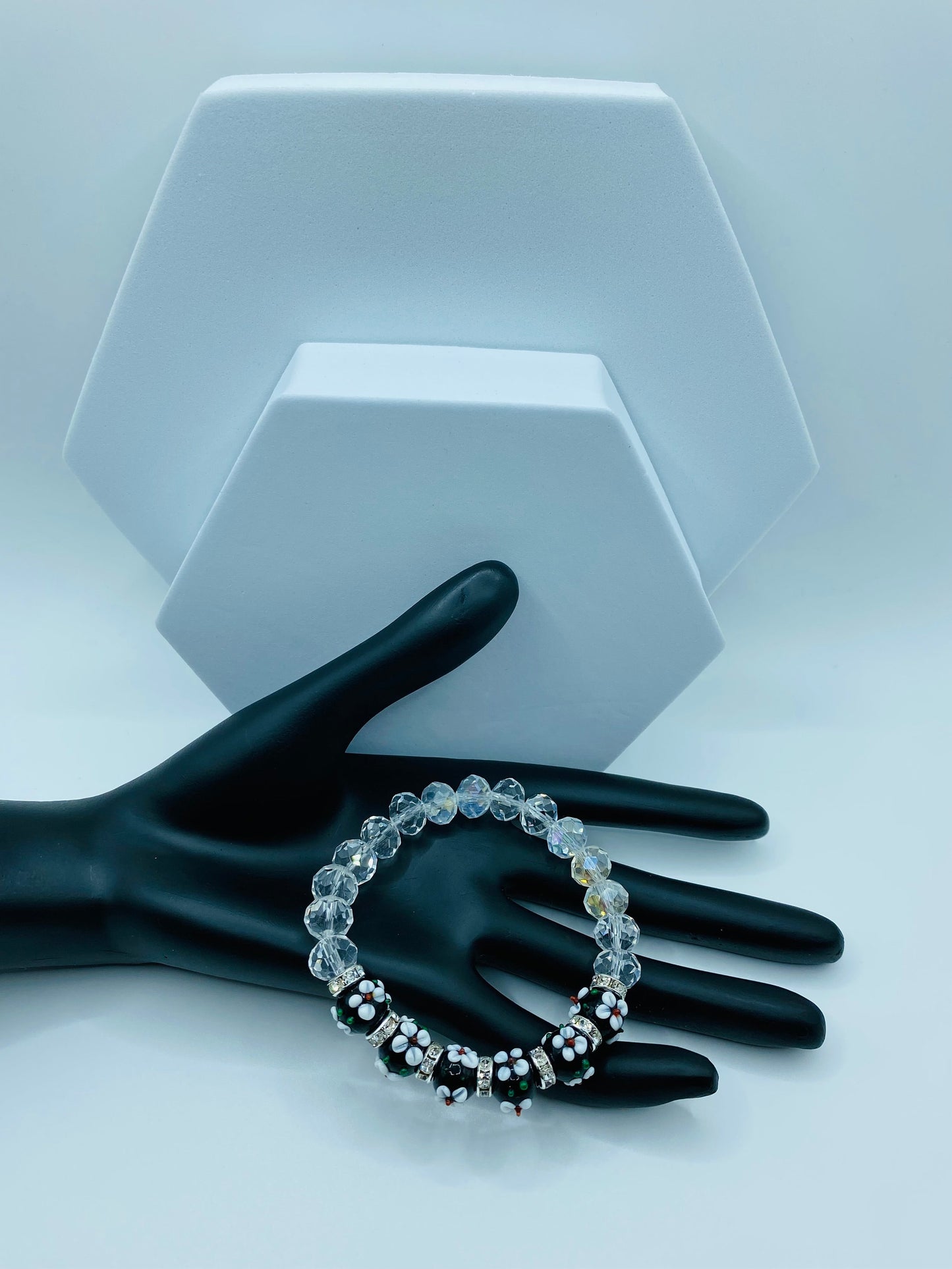 Lampwork Floral Glass Bead Bracelet: Rhinestone Crystal Flower Bracelet