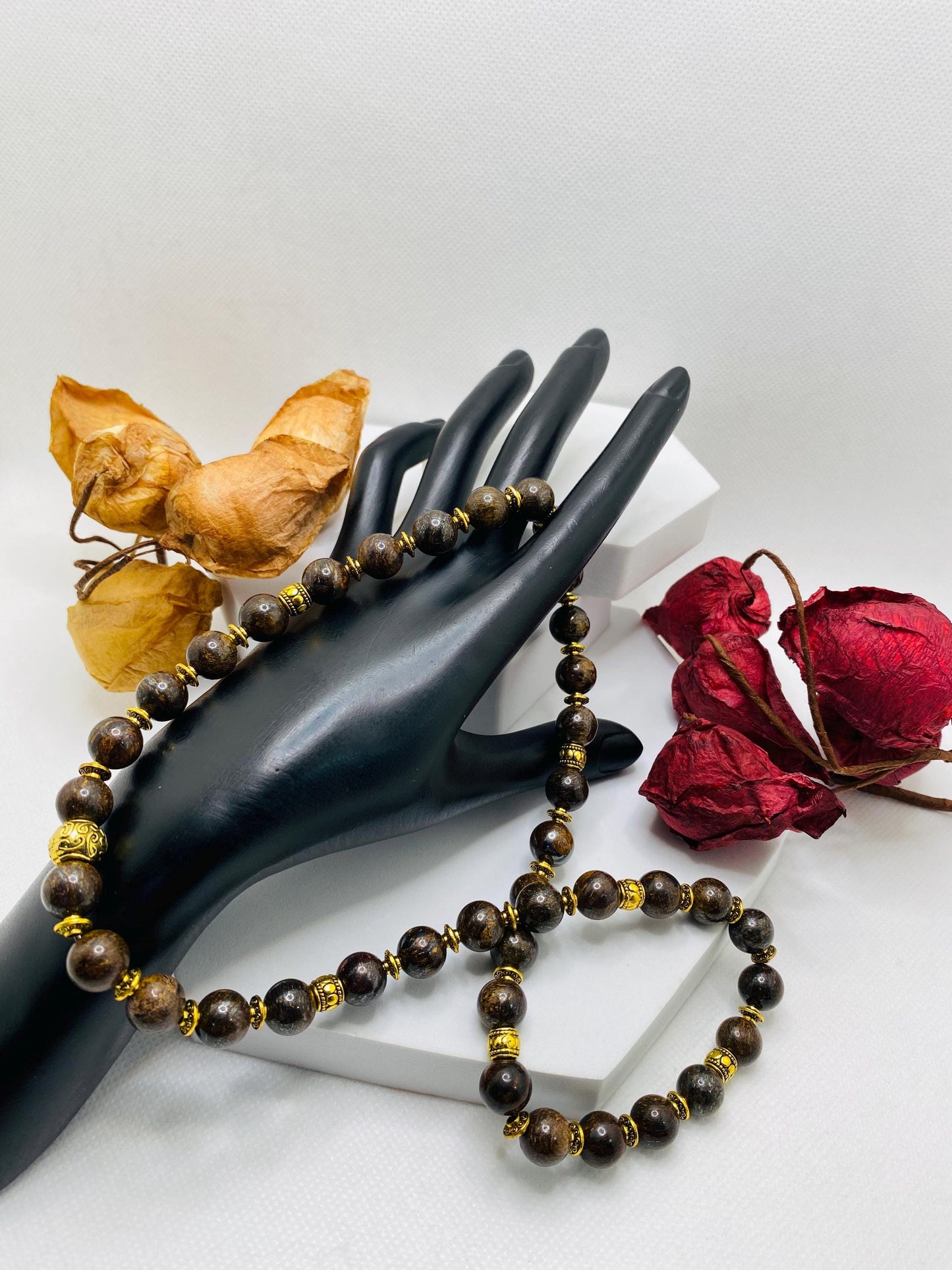 Bronzite Beaded Necklace: Unisex Gemstone Jewelry with Tibetan Spacers