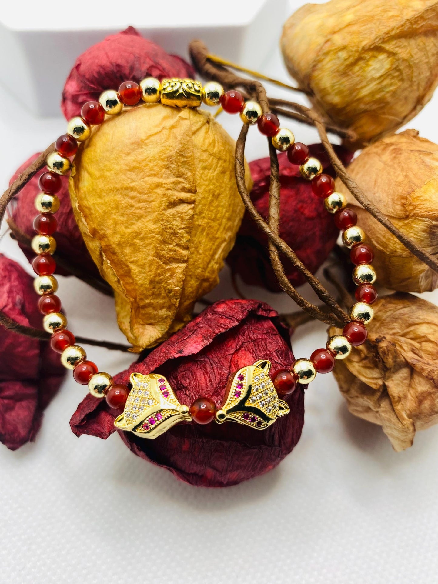 Fox Charm Bracelet: Carnelian, Gold Hematite & Cubic Zirconia