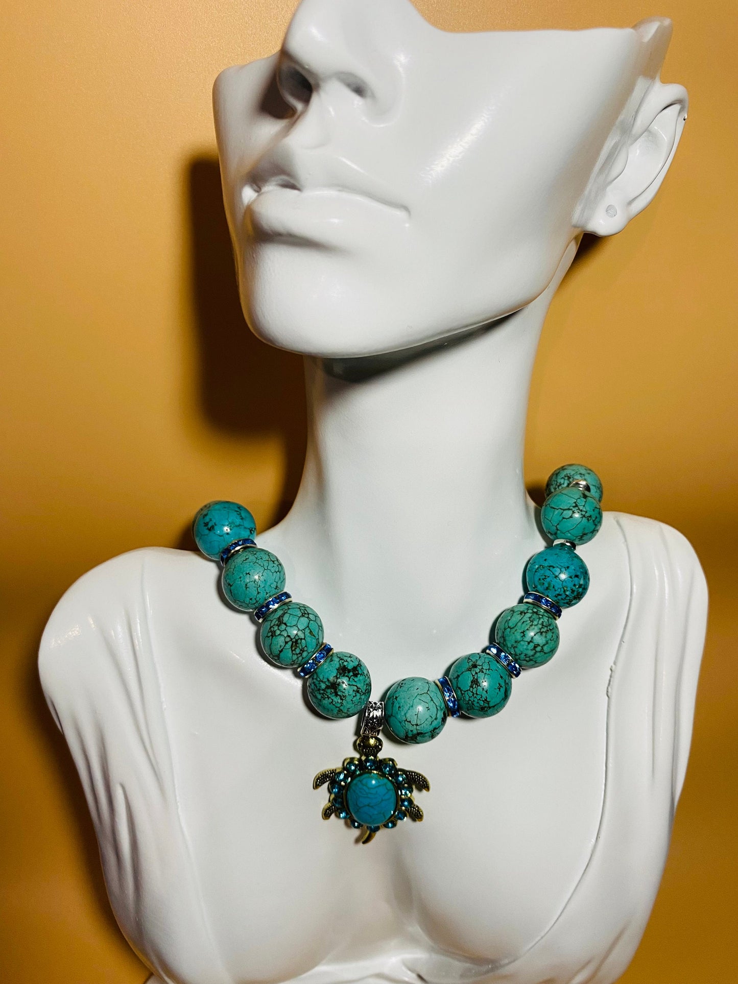 Turquoise Sea Turtle Necklace: Rhinestone Pendant, Boho Jewelry