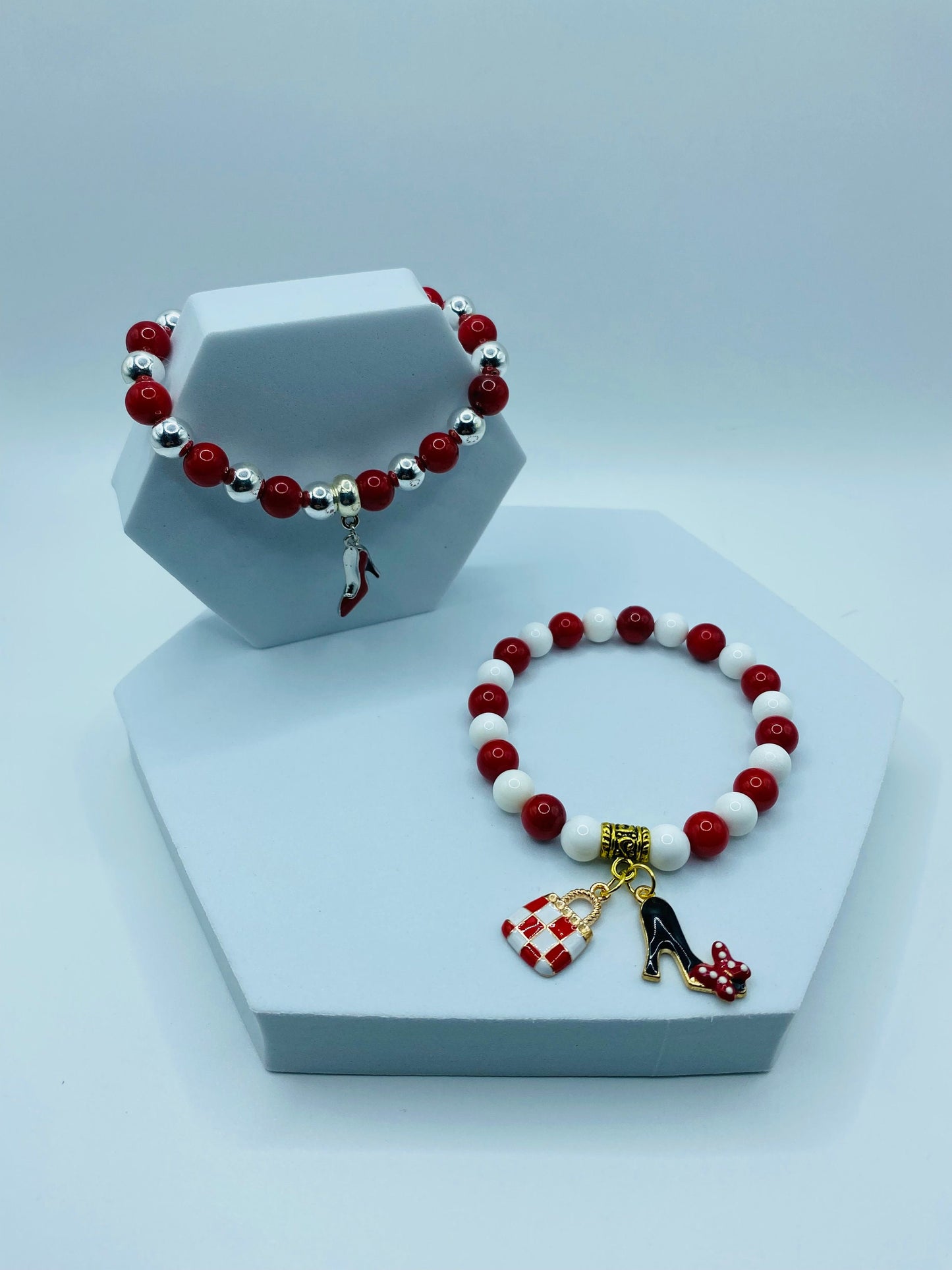 Charm Bracelets with Purse Charm & Shoe Charms - Red Coral, White Porcelain Gemstone Beads - Gifts for Her