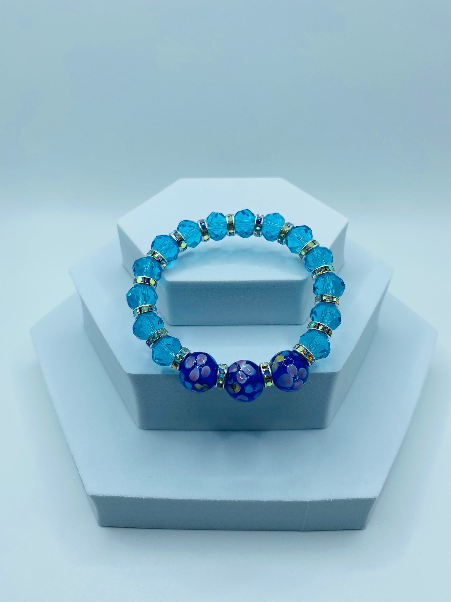 Blue Topaz Crystal Bracelet: Lampwork Floral Glass Beads, Rhinestone Rondelles