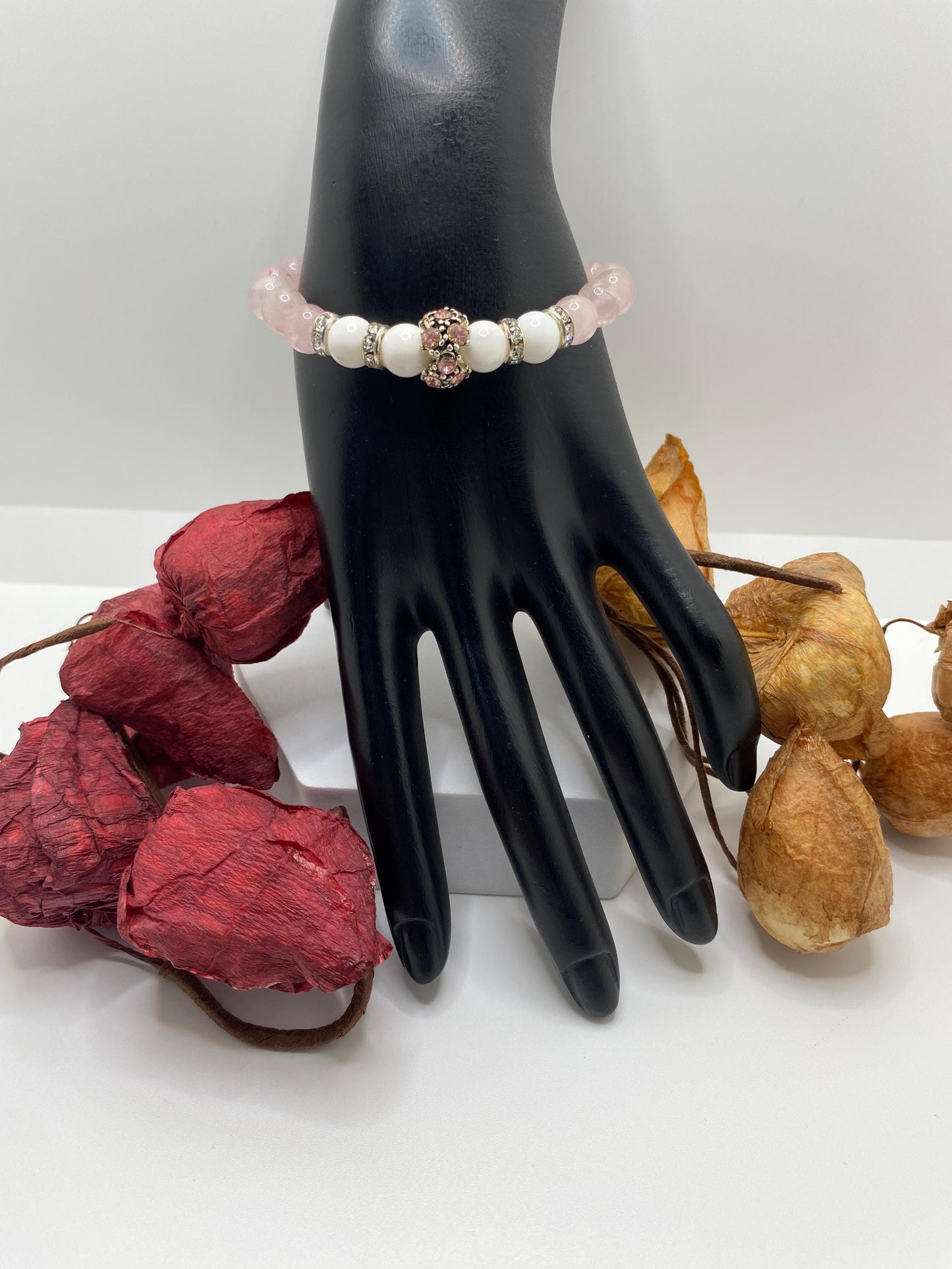 Rose Quartz Charm Bracelet: Agate Beads, Silver Rhinestone Charm